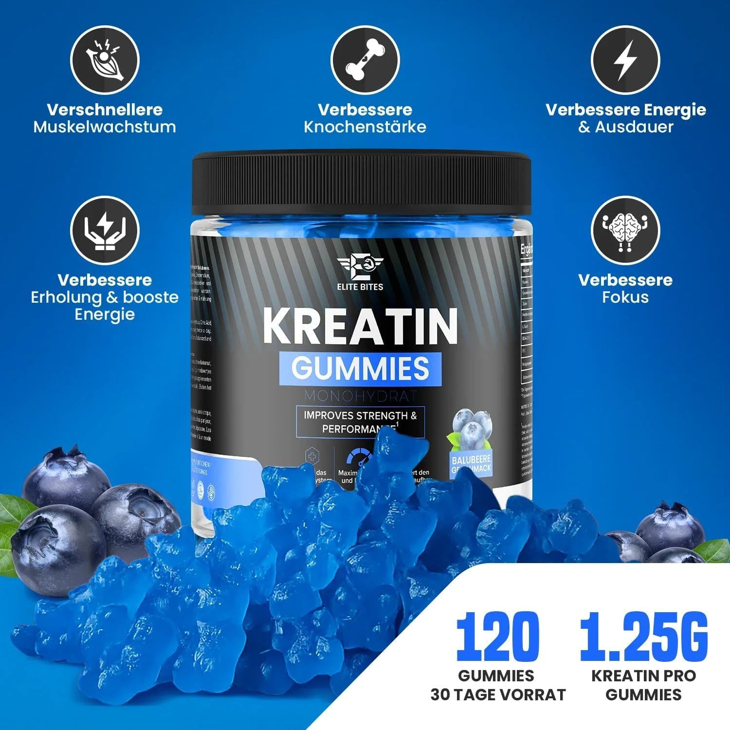 Riyashop Gummibärchenmaschine Elite Bites Kreatin Gummies, Blaubeere Geschmack, 120 Gummibärchen