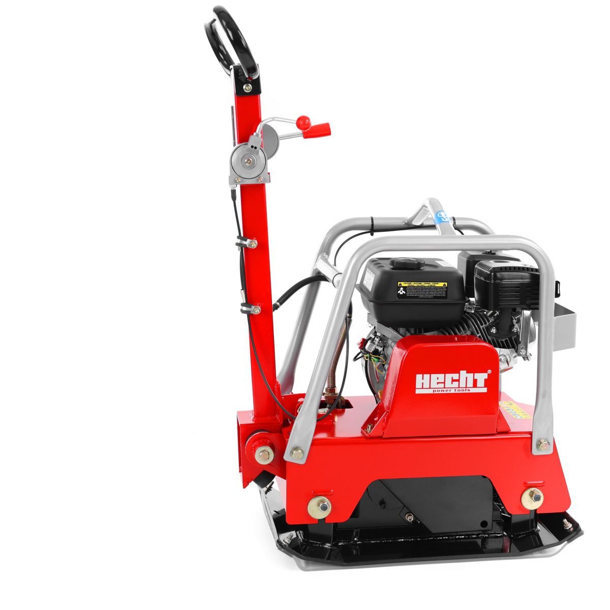 Hecht Rüttelplatte Vibrationsstampfer mit Fahrwerk, 3,7 kW (196 ccm), 25 kN bis 30cm, max. 4300 vpm, (LxB) 40x63 cm, 35 m/min, Gummimatte, Transporträder, 4300 / min