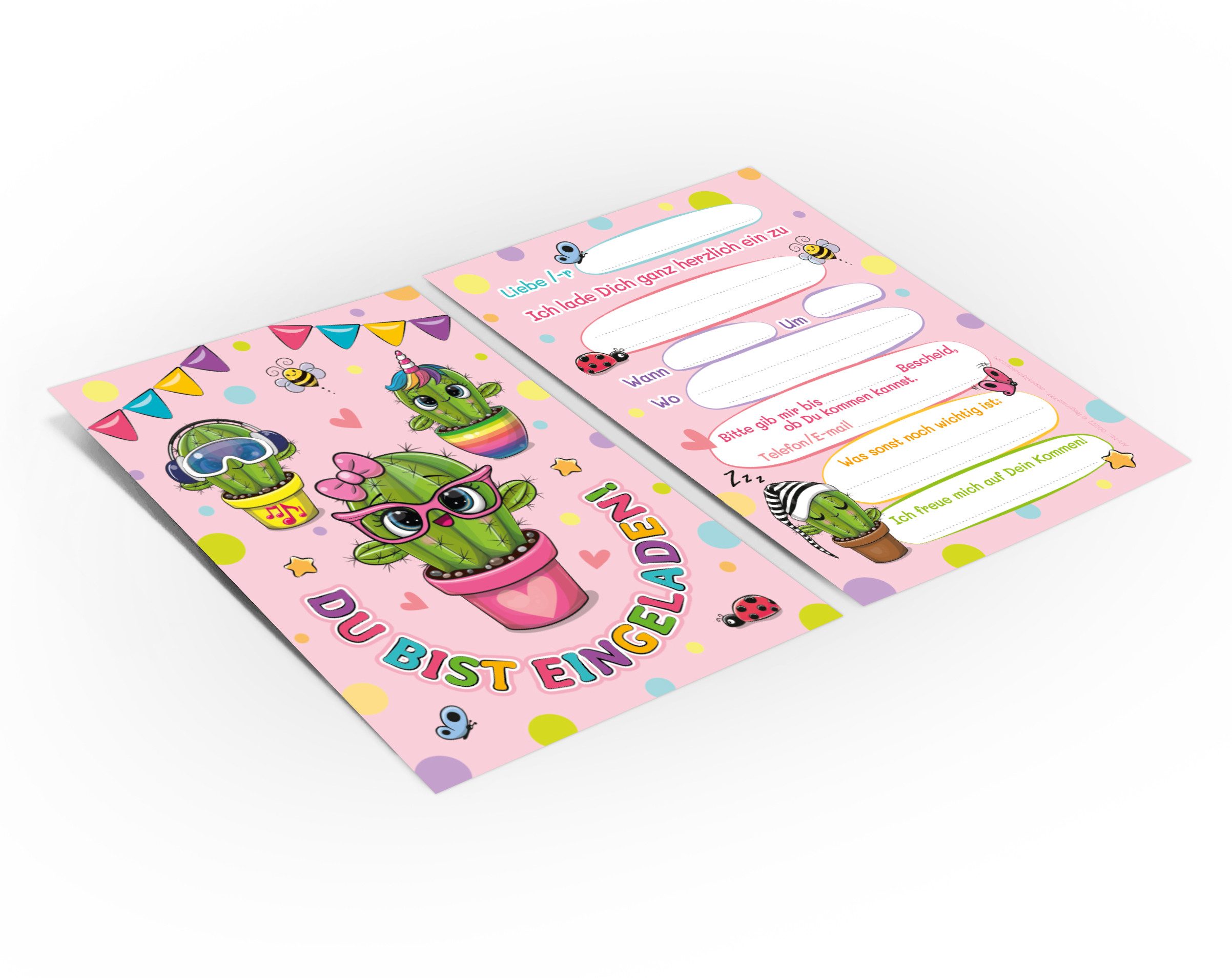 JUNAPACK Einladungskarten Kaktus Einladungen zum Kindergeburtstag Blumen Karten Mädchen, Einladungskarten mit einem Kaktus Motiv für Kinder