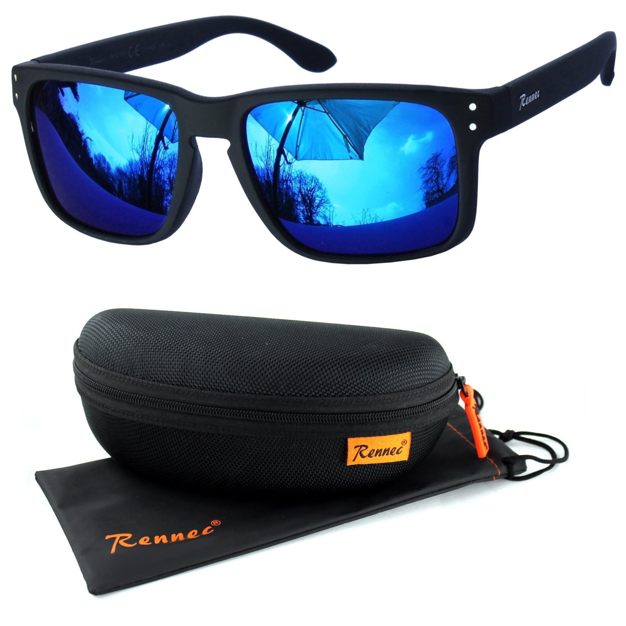 Sonnenbrille Herren Rechteckig Schwarz Matt Gläser Blau Verspiegelt