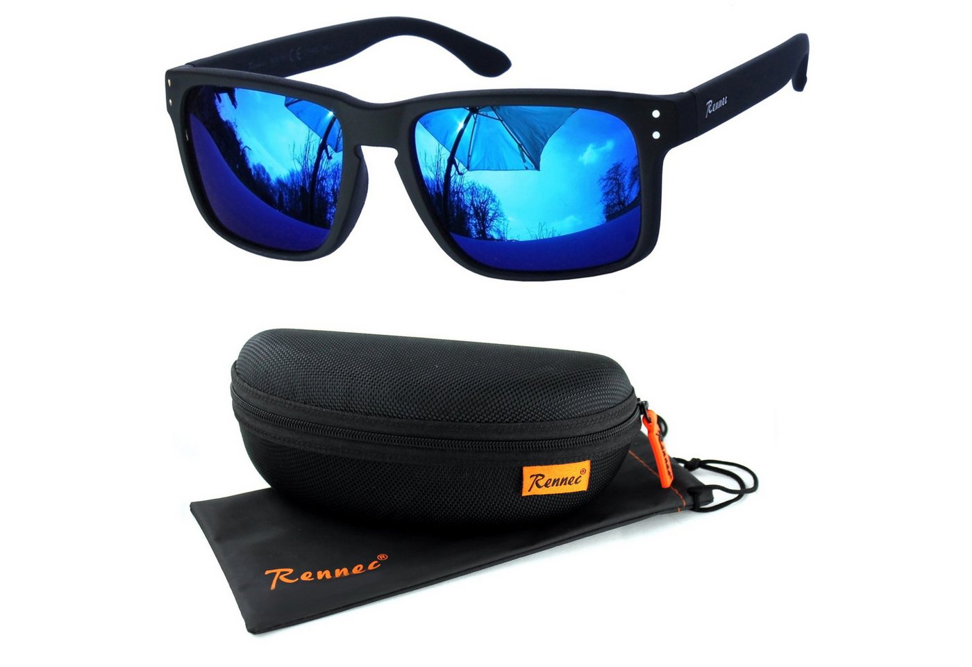 Rennec Sonnenbrille Herren Rechteckig Schwarz Matt Gläser Blau Verspiegelt Markenbrille mit Hardcase, stabile 3in2 Bügelgelenke