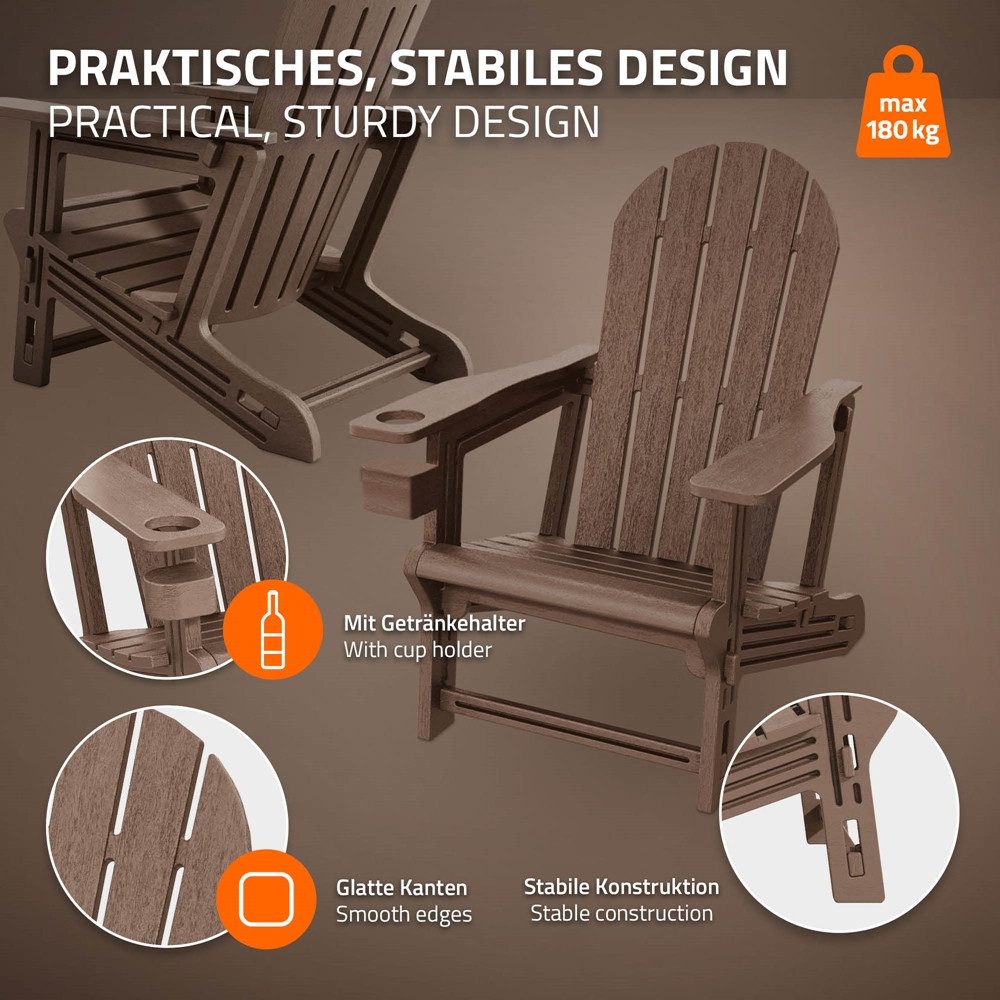ML-DESIGN Gartenstuhl Adirondack Stuhl Kunststoff-Holzoptik Loungestuhl mit Getränkehalter, Gartensessel bis 180kg wetterfest Loungesessel für Garten & Terrasse