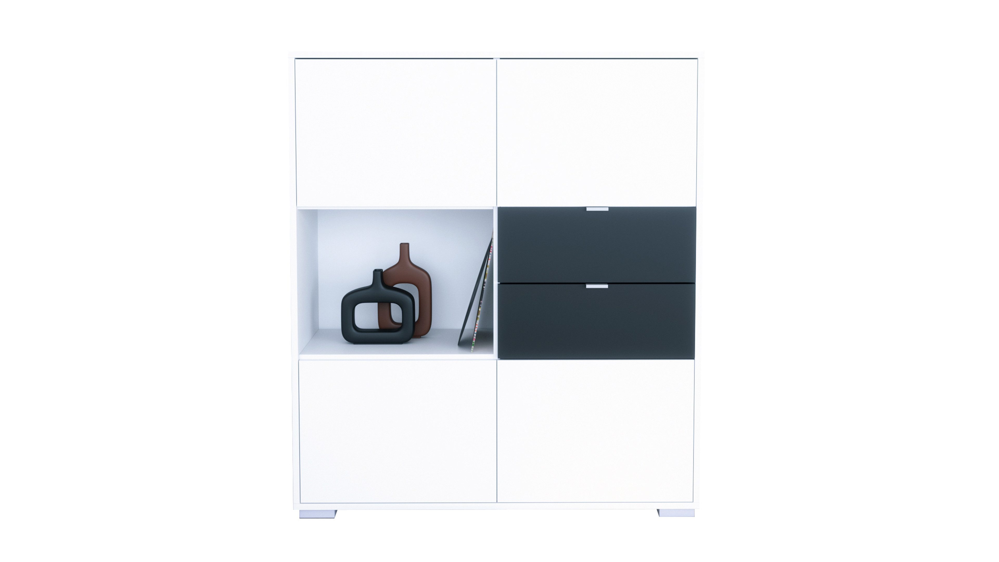 Vladon Highboard Milano V1 (Highboard mit 4 Tür Weiß matt, 2 Schubladen Schwarz matt, Made in Germany), Korpus Weiß matt (103 x 118 x 37 cm)