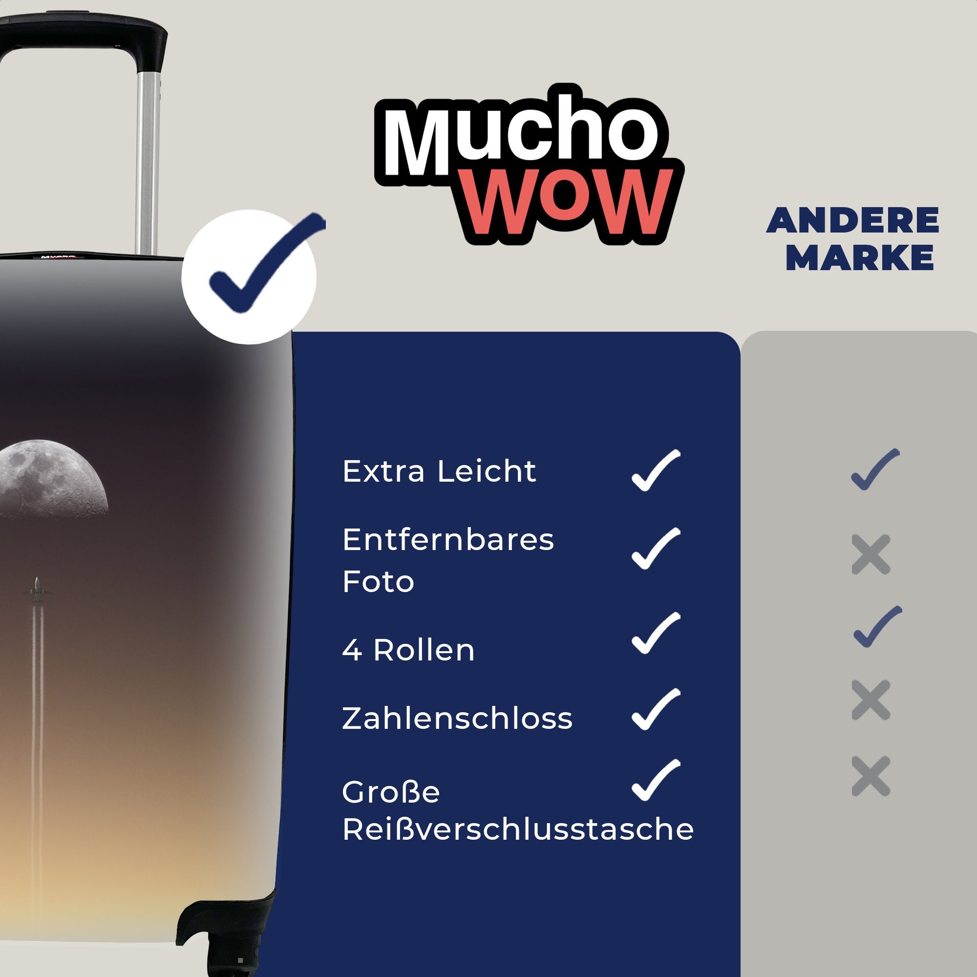 MuchoWow Handgepäckkoffer Mond - Rakete rollen, für mit - Reisekoffer Trolley, Rollen, Ferien, 4 Reisetasche Handgepäck Weltraum