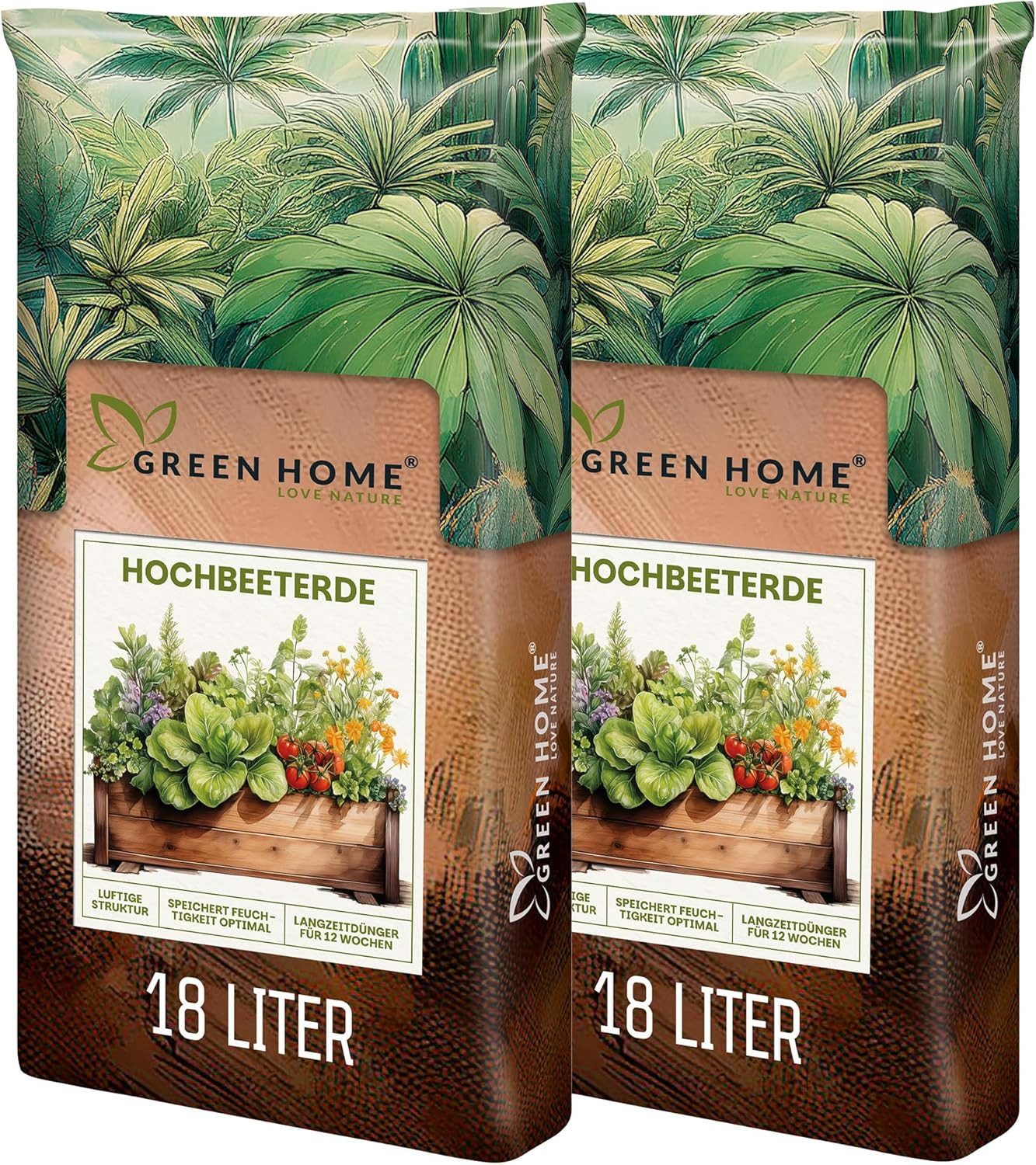 GREEN HOME LOVE NATURE Spezialerde Hochbeeterde für Gemüse & Kräuter, gebrauchsfertig, strukturstabil 18 L, 36 L, 72 L, Langzeitdünger, Perlite, Kokosfasern, pH 5,8, strukturstabil