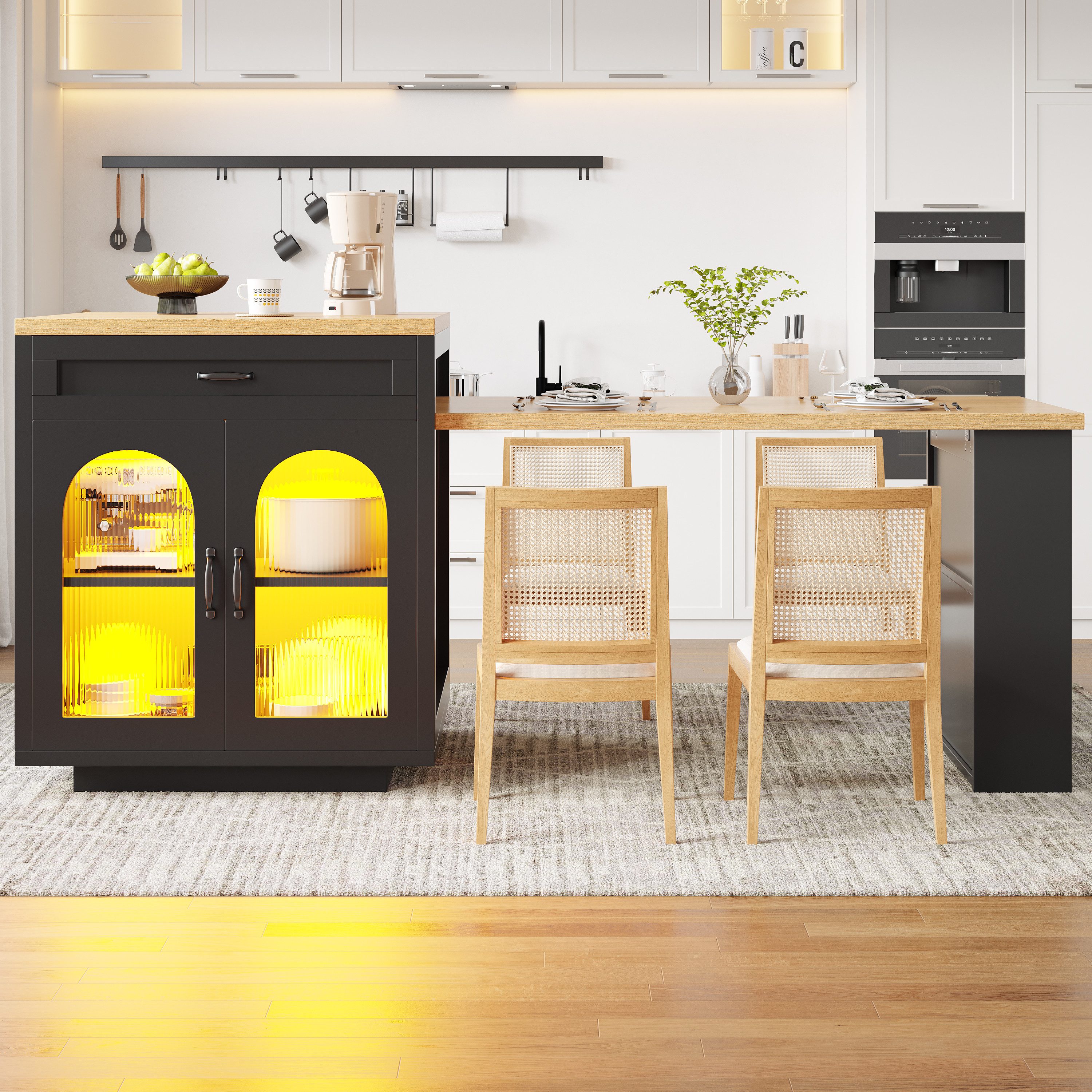 STILVORA Sideboard Kücheninsel Bartisch Ausziehbare Küchenschrank mit LED (Kücheninsel ausziehbar mit LED, ausziehbar, LED RGB (APP), mit 2 Schubladen & Stauraum, bis 60 kg), 80×94 cm, Tischplatte 126–196 cm, MDF+Glas