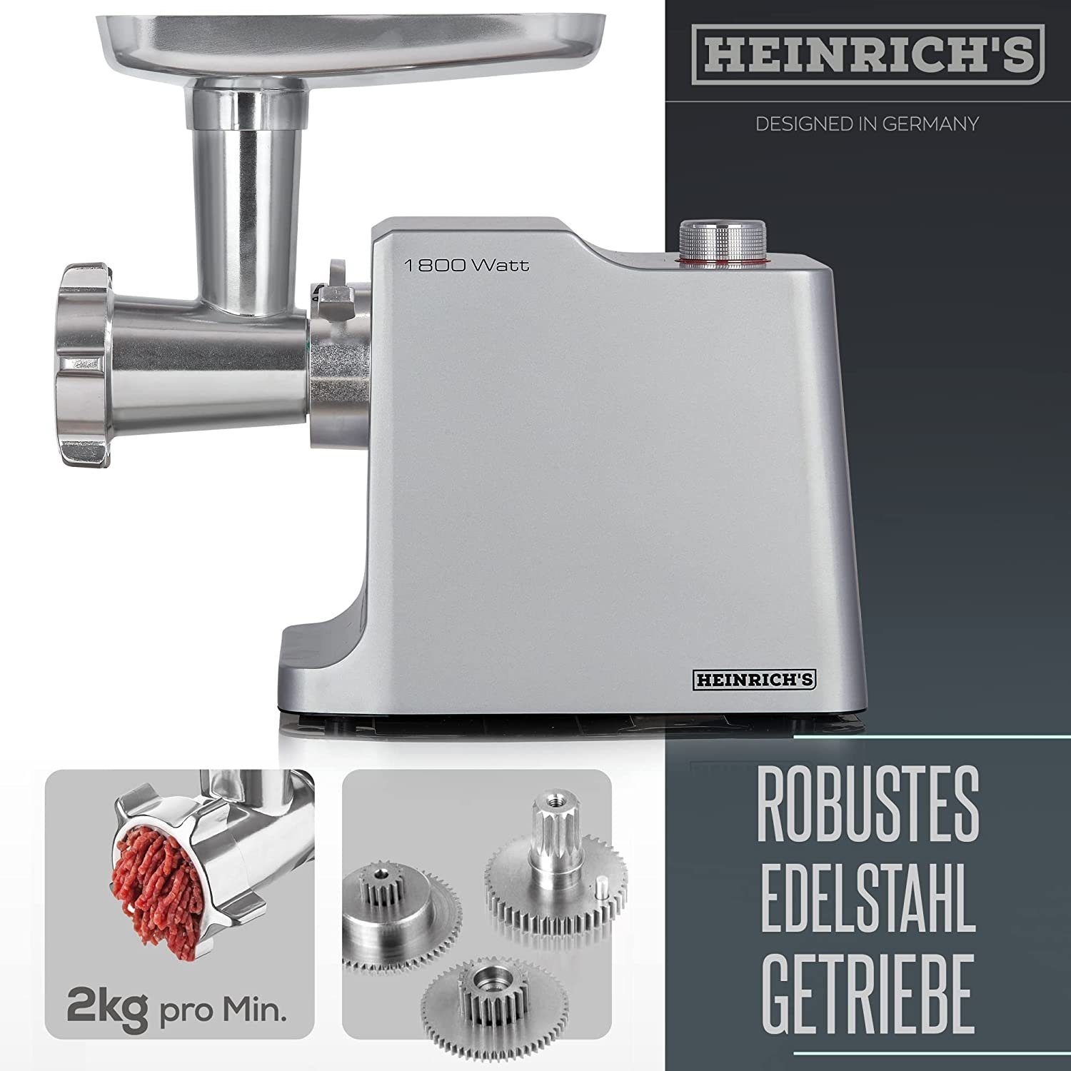 Heinrich´s Fleischwolf HFW 8808, 1800 W, Edelstahlaufsätze 1800W inkl. Rücklauffunktion Wurst Kebbe