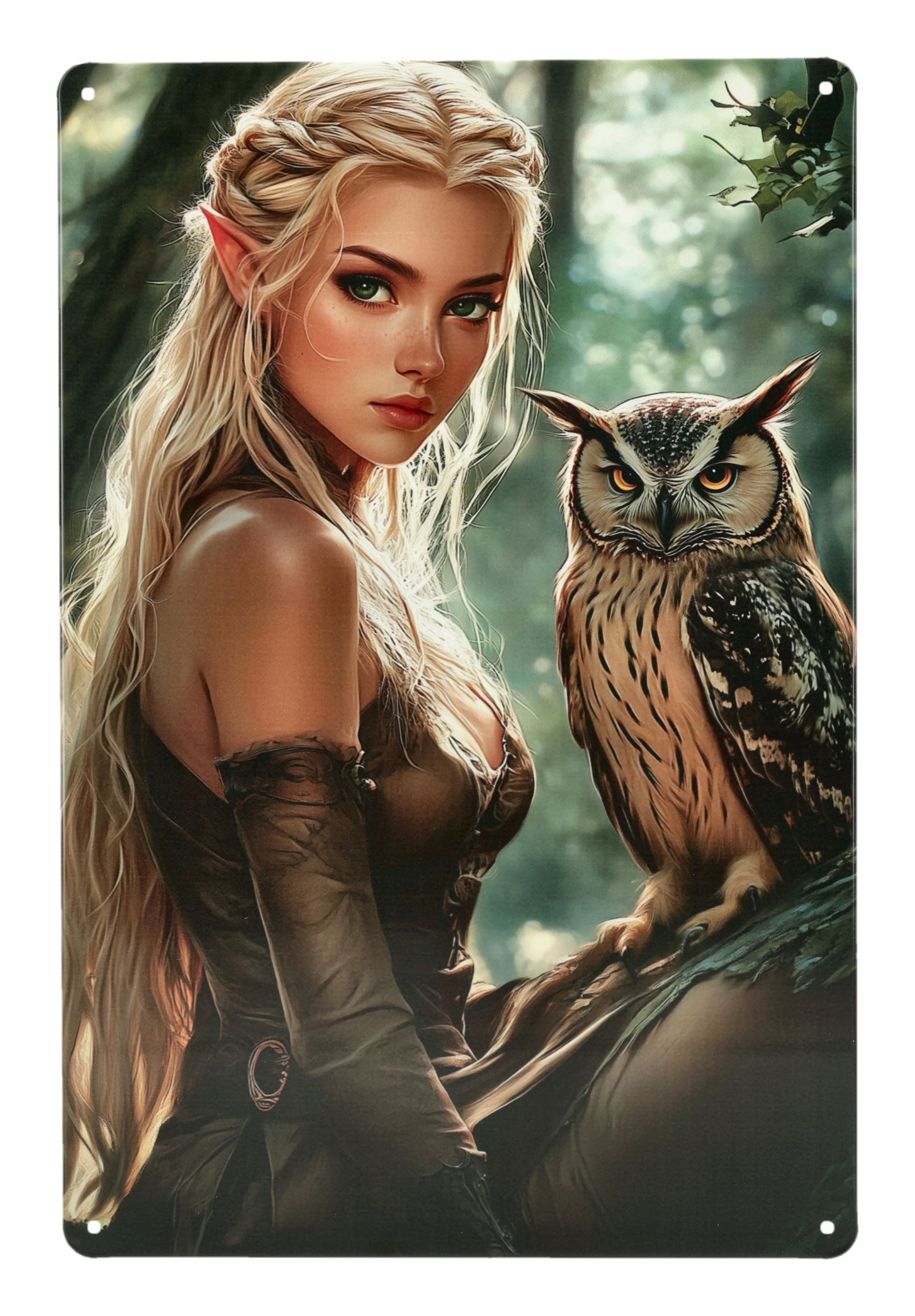 Wanddekoobjekt Elfenkriegerin mit Eule – Fantasy Blechschild Wanddeko 30x20 cm Deko