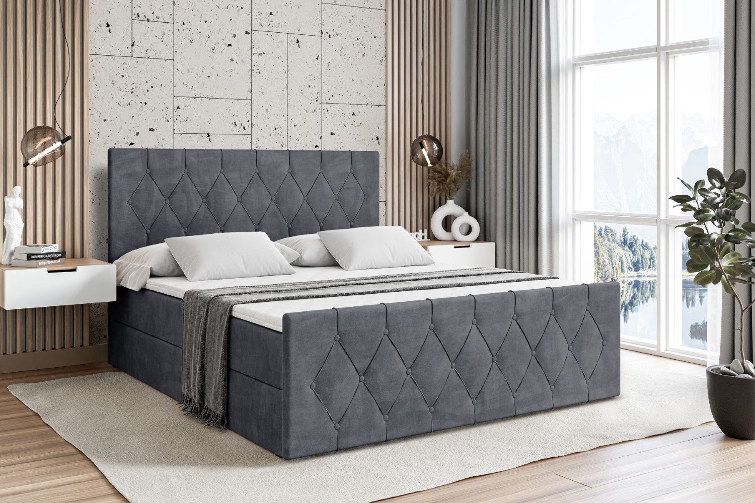 ALTDECOR Boxbett VELANTO (mit Matratze Lattenrost Topper Polsterbett mit Bettkasten Doppelbett), H4 Multipocket / H3 Bonellfederung, Springboxbett Boxspringbett