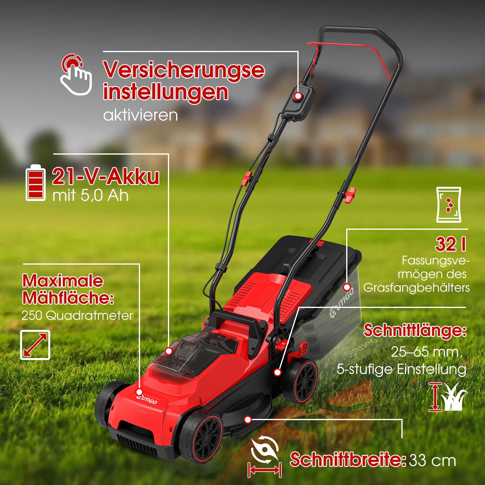 OUTIGO Akkurasenmäher CLM3381, 21V Akku-Rasenmäher, inklusive 5,0-Ah-Akku, 33 cm Schnittbreite, (1 Akku mit 5 Ah (Aufladung über Typ-C), Reichweite 250 m², Schnitthöhe einstellbar von 25 bis 65 mm