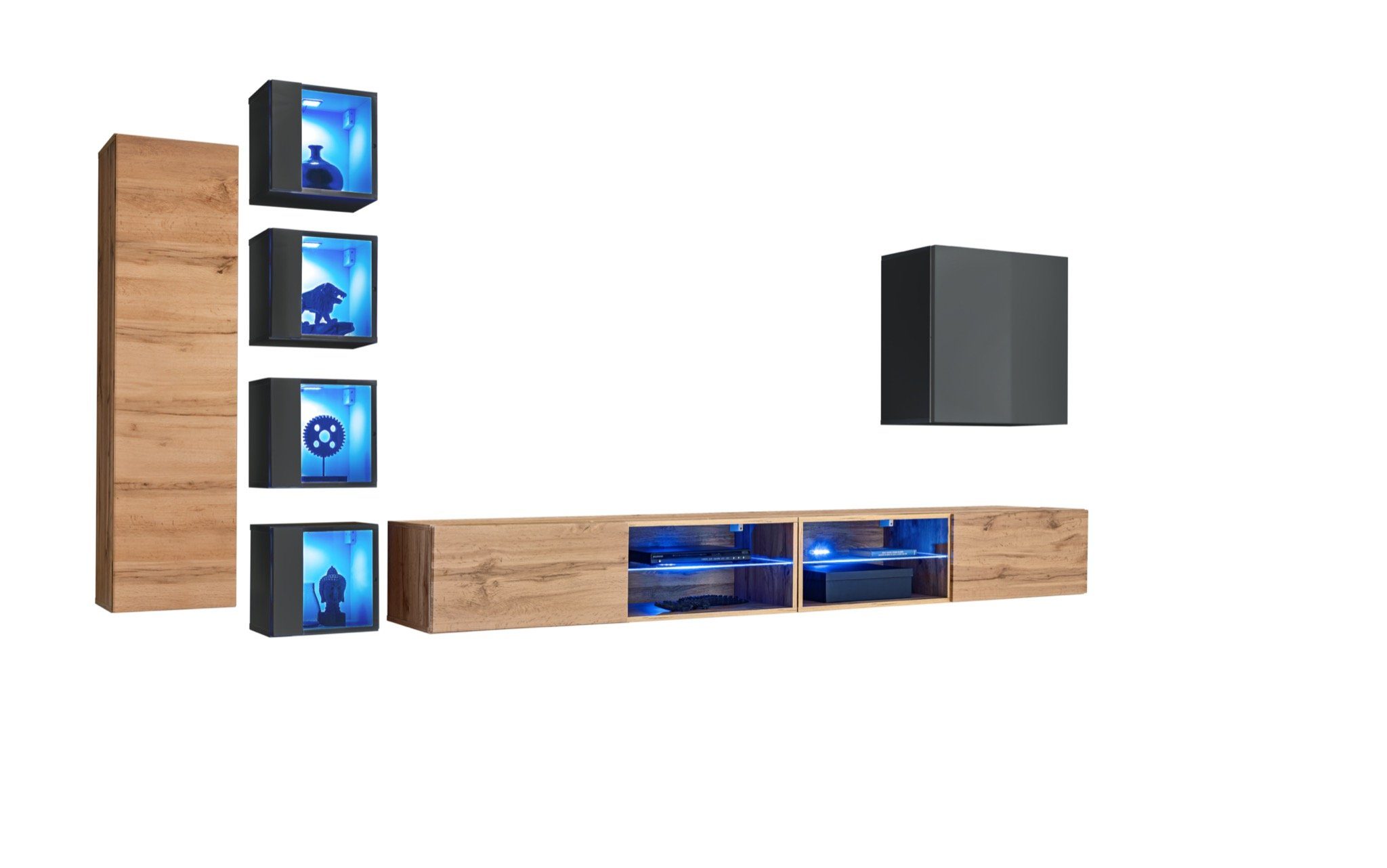 LED 320 Set Wohnzimmermöbel, (8-St., + 2x Wandschrank JVmoebel cm Wohnwand Modern 6x Wandschrank), TV beleuchtet Ständer TV-Ständer Wohnwand