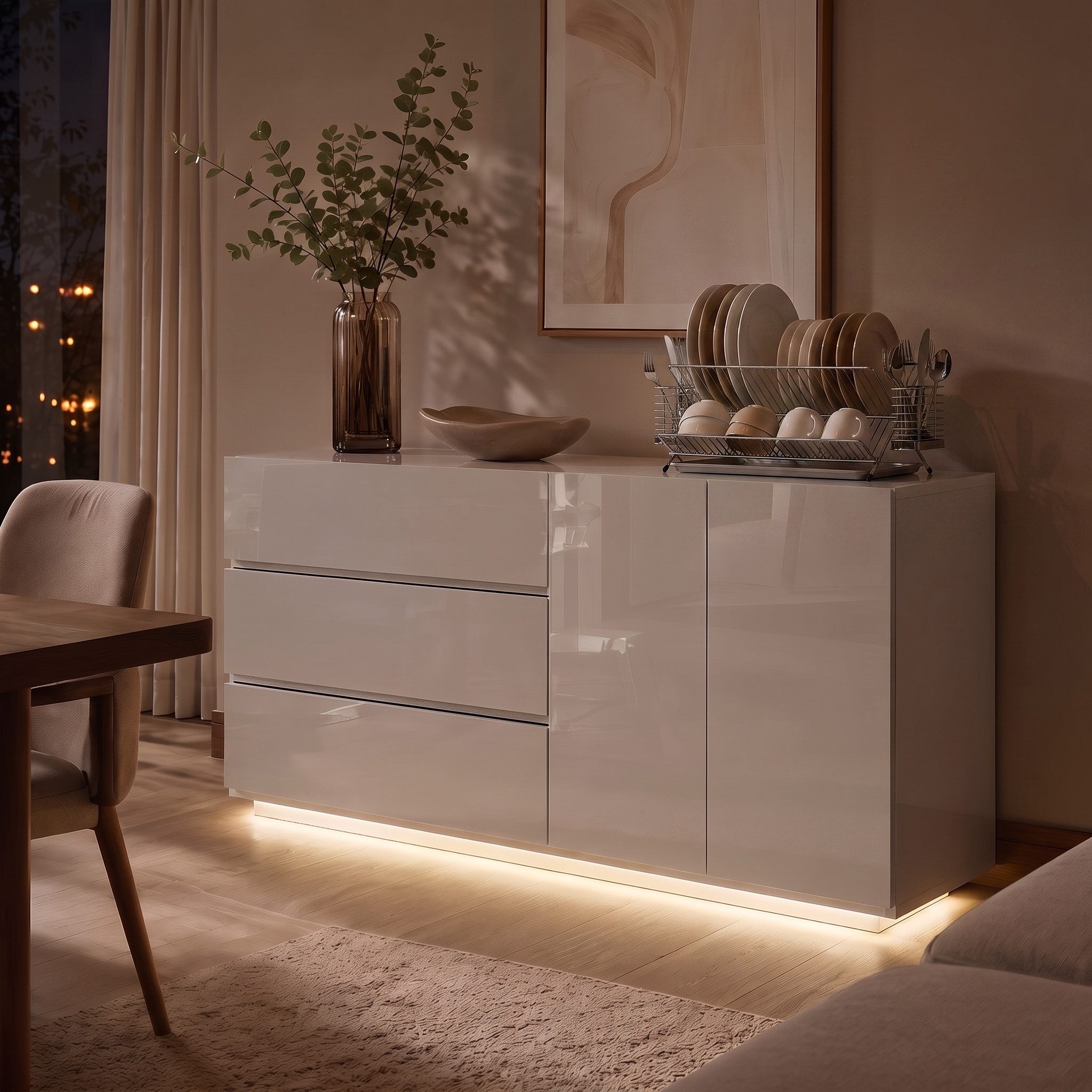 PXloue Sideboard Hochglanz Kommode( LED-Ambientebeleuchtung) , Modernes Sideboard mit 3 Schubladen und 2 Fächern, Breite 160 cm