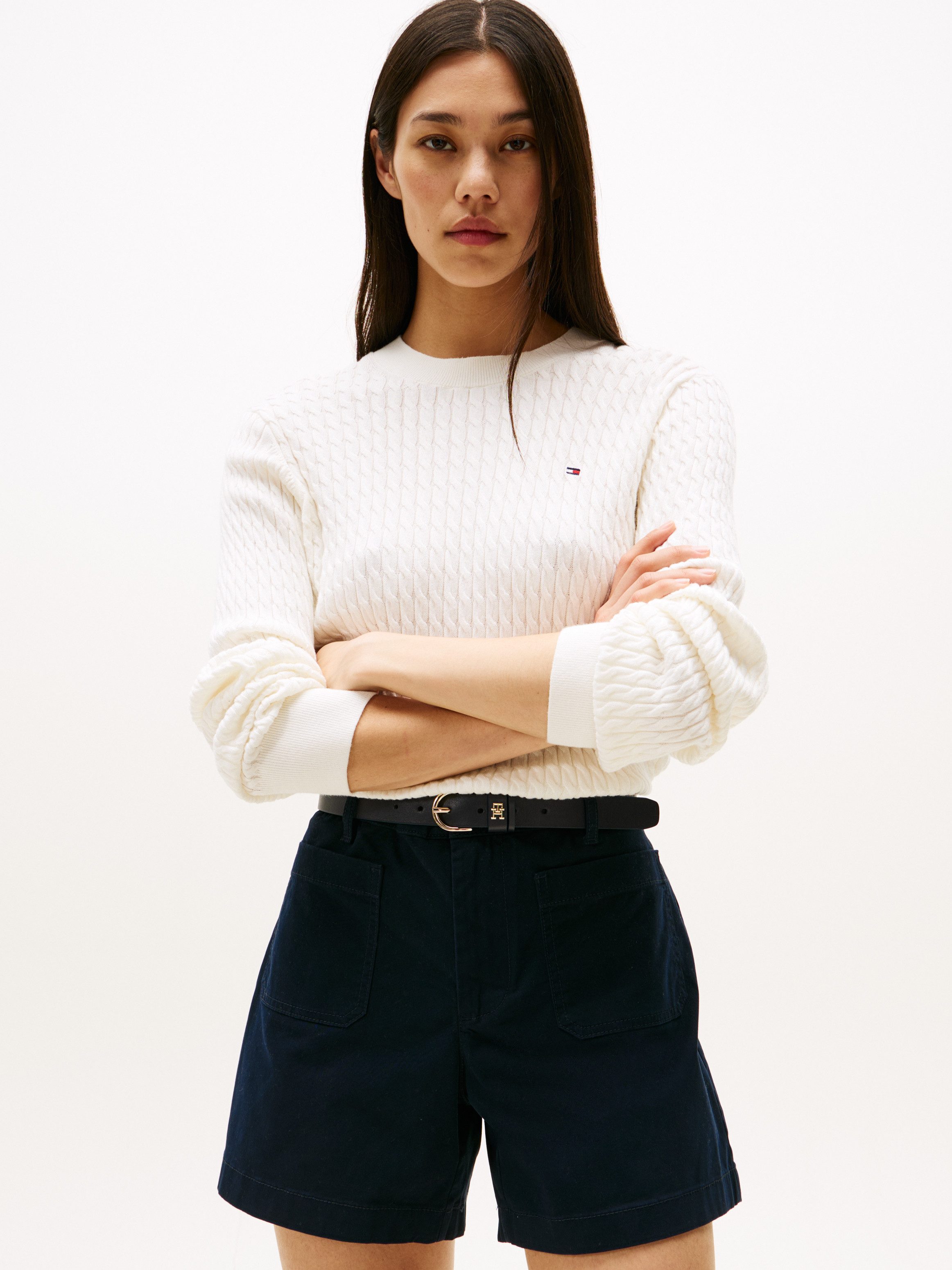 Tommy Hilfiger Rundhalspullover CO CABLE C-NK LS SWEATER Baumwolle, mit Zop günstig online kaufen