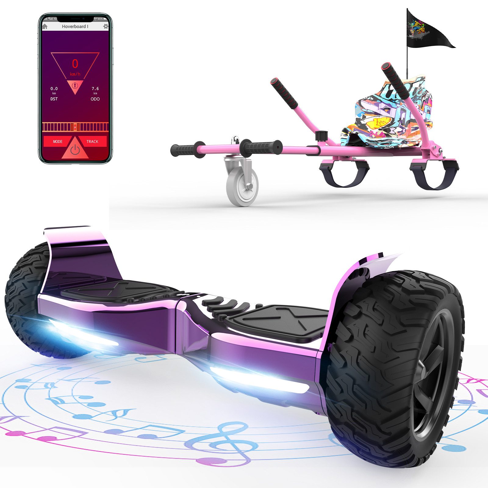 RCB Balance Scooter Kart Set, 8,5'' Off-Road SUV Hoverboard mit Sitz, Go-Kart, APP, Bluetooth