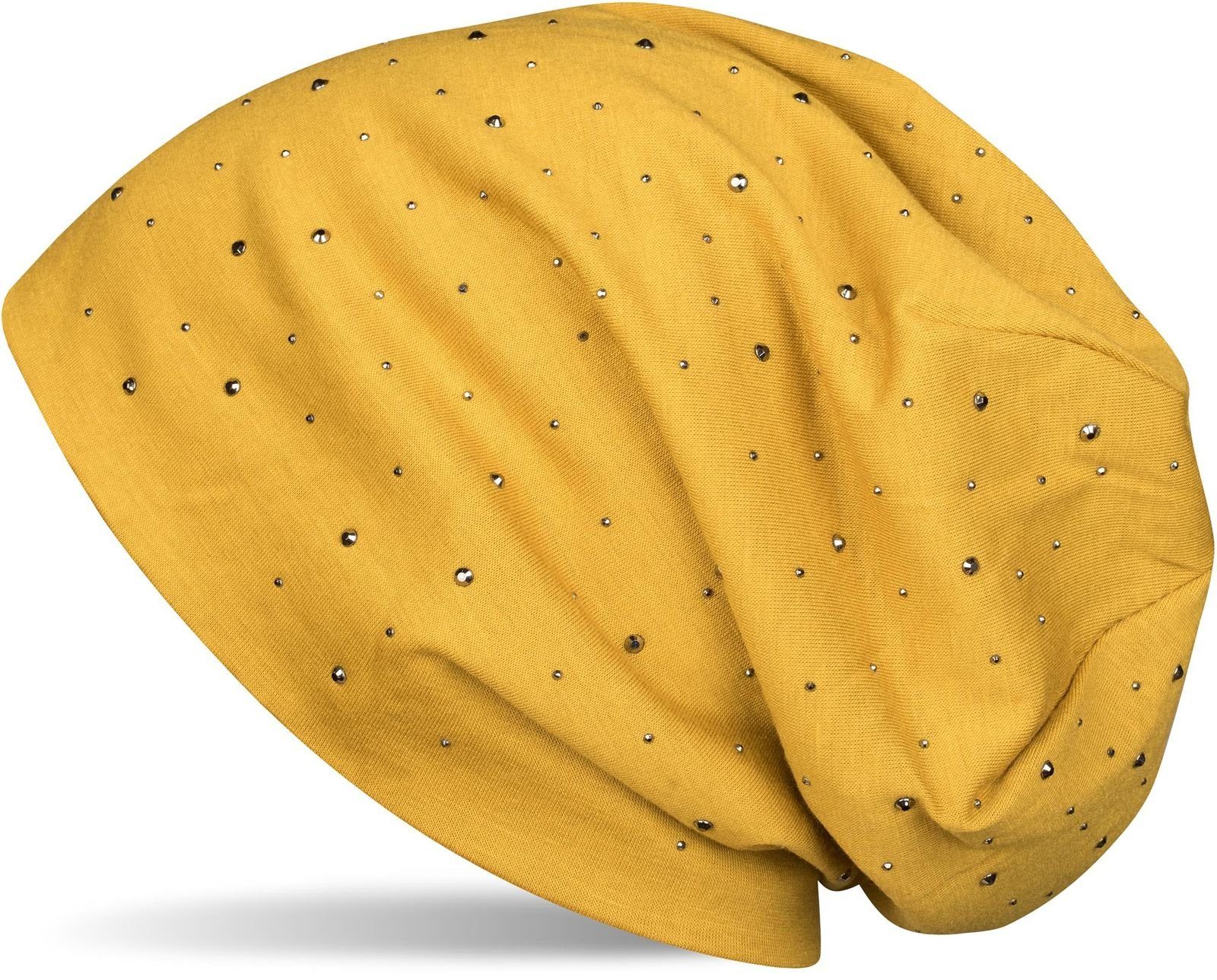 styleBREAKER Beanie (1-St) Beanie mit Strass Nieten Applikation Curry