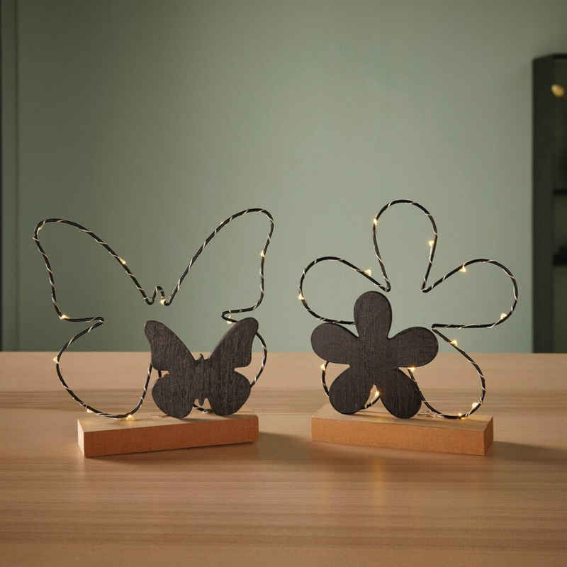 Home-trends24.de LED Dekofigur LED Deko Schmetterling Blume Holz Metall Figur Objekt Tischdeko