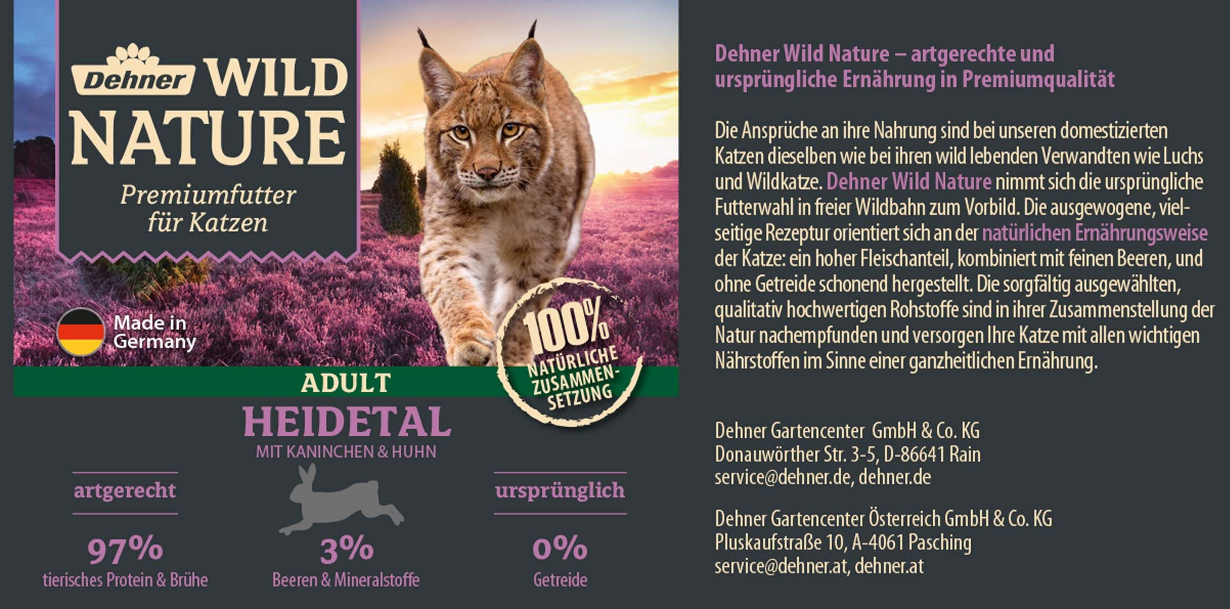 Dehner Wild Nature Heidetal Adult Kaninchen / Huhn, 6 x 400 g Dose Kaninchen, Nassfutter für: Katze, Nassfutter für ausgewachsene Katzen, getreidefrei / zuckerfrei