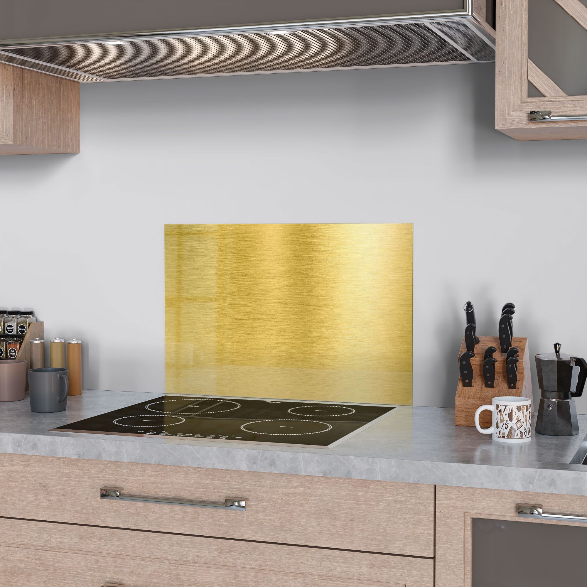 Glas 'Gebürstete DEQORI Spritzschutz Badrückwand Herdblende Goldoberfläche', Küchenrückwand