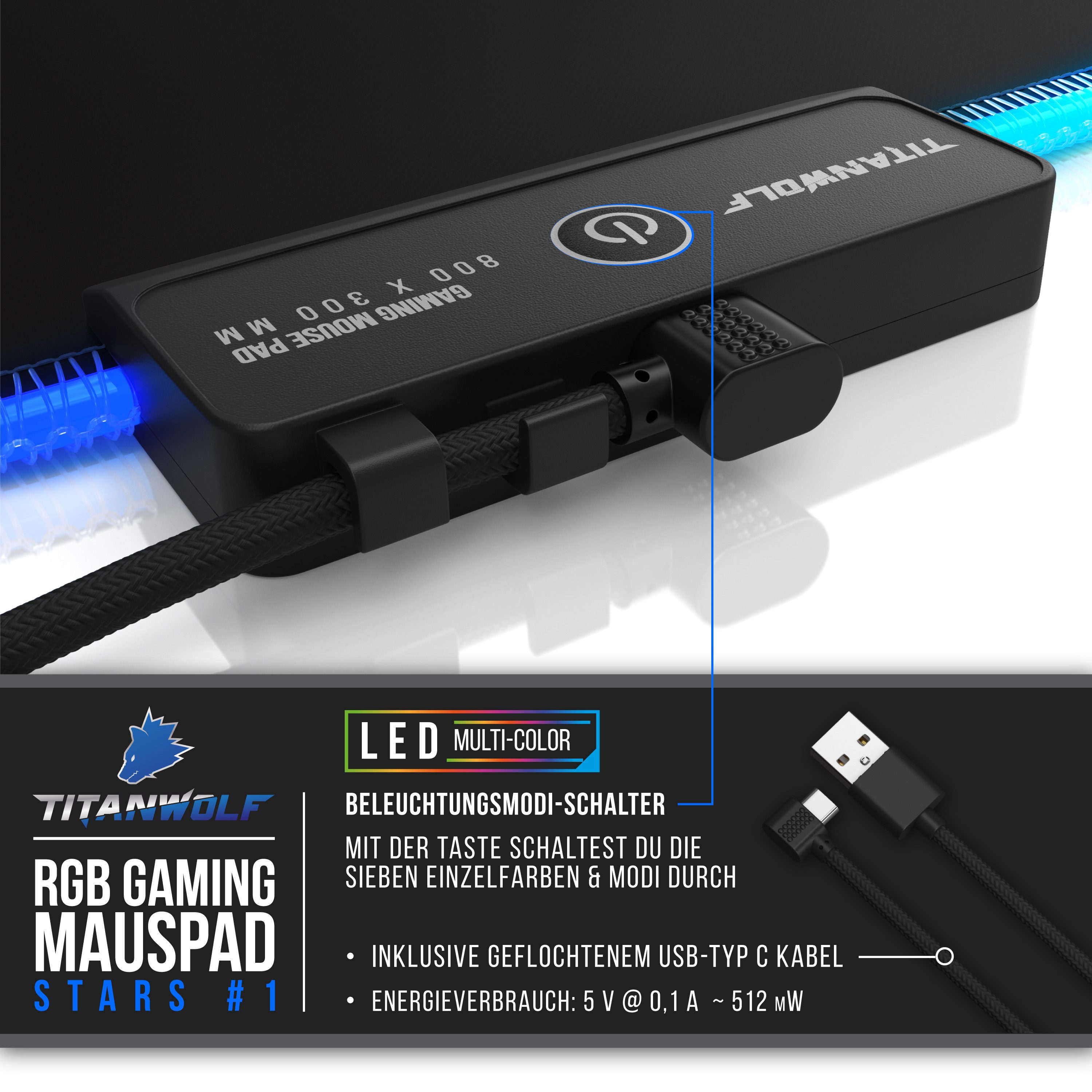 Titanwolf Gaming Mauspad RGB Mousepad 800 x 300 x 3 mm, Multi Color LED XL Tischunterlage (1-St), rutschfest, abwaschbar, Geschwindigkeit & Präzision, Stars & M – Bild 5 von 5