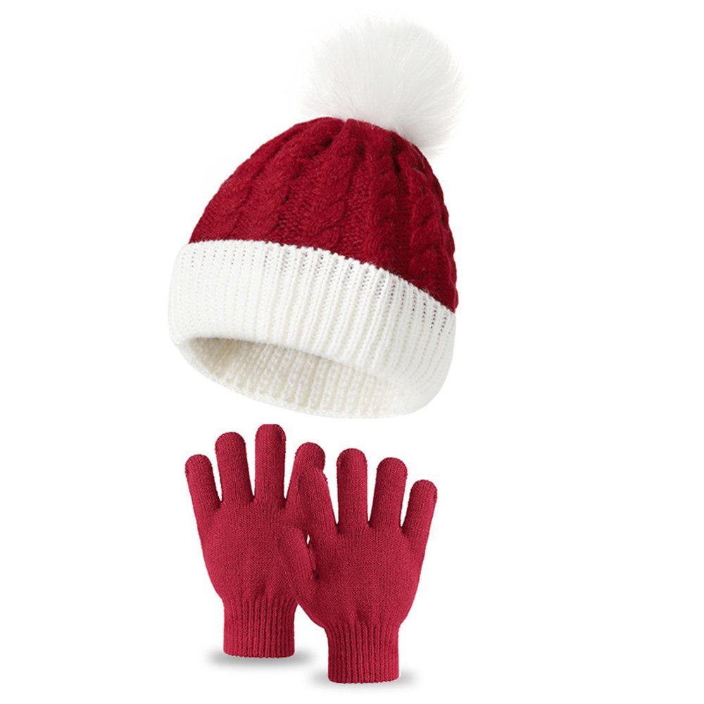 Invanter Strickmütze Kinder WeihnachtsStrickhüte handschuhe Zwei Stücke (2-St) Rot
