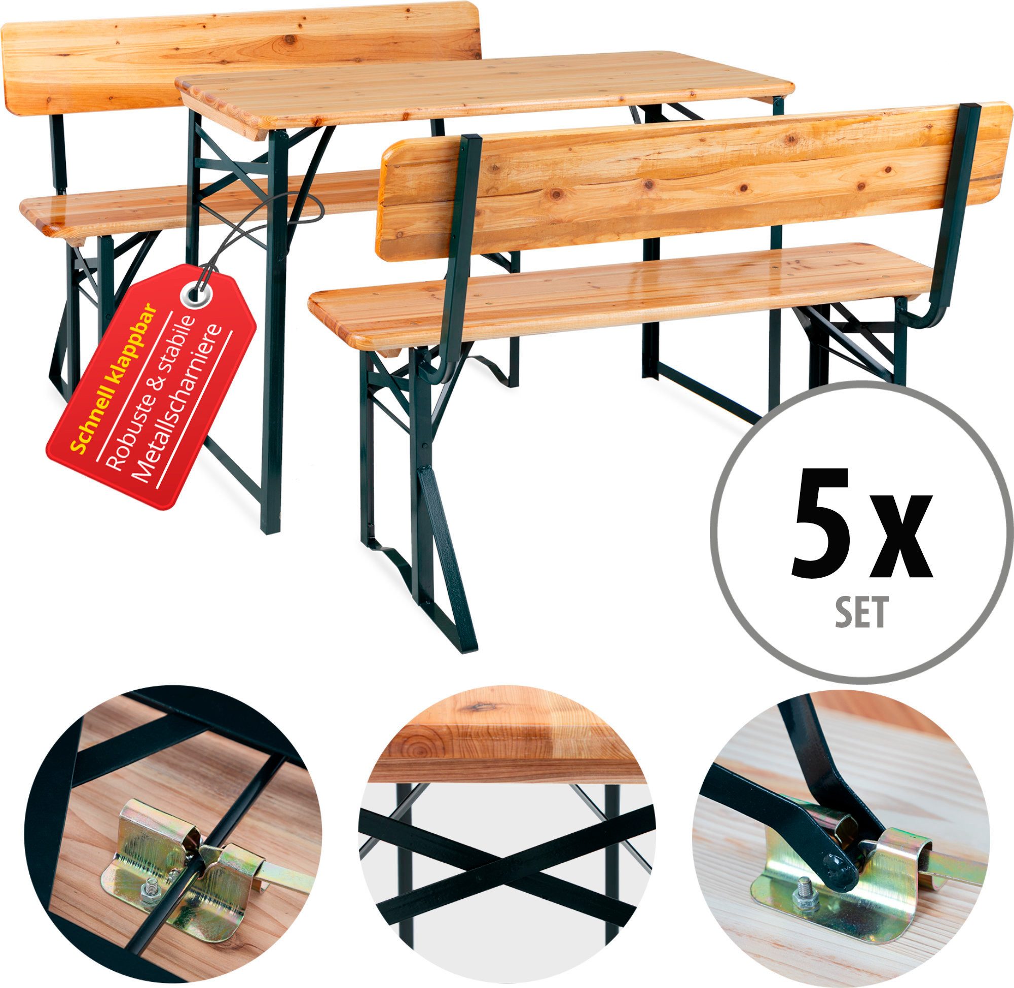 Stagecaptain Bierzeltgarnitur Hirschgarten BB-119 Sitzgarnitur mit Lehne 119 cm Länge, (Spar-Set, 15-tlg., 10 x Bank, 5 x Tisch), Mit aufsteckbarer Rückenlehne