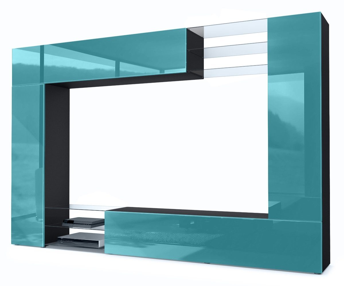 Vladon Wohnwand Mirage, (Anbauwand mit Rückwand mit 2 Двері, 4-St., 2 Klappen und 6 offenen Glasablagen), Schwarz matt/Petrol Hochglanz (262 x 183 x 39 cm)