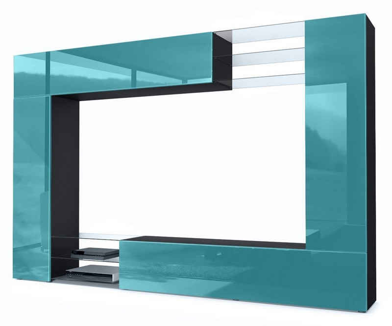 Vladon Wohnwand »Mirage«, (4-St), Anbauwand mit Rückwand mit 2 Türen, 2 Klappen und 6 offenen Glasablagen, Schwarz matt/Petrol Hochglanz (262 x 183 x 39 cm)