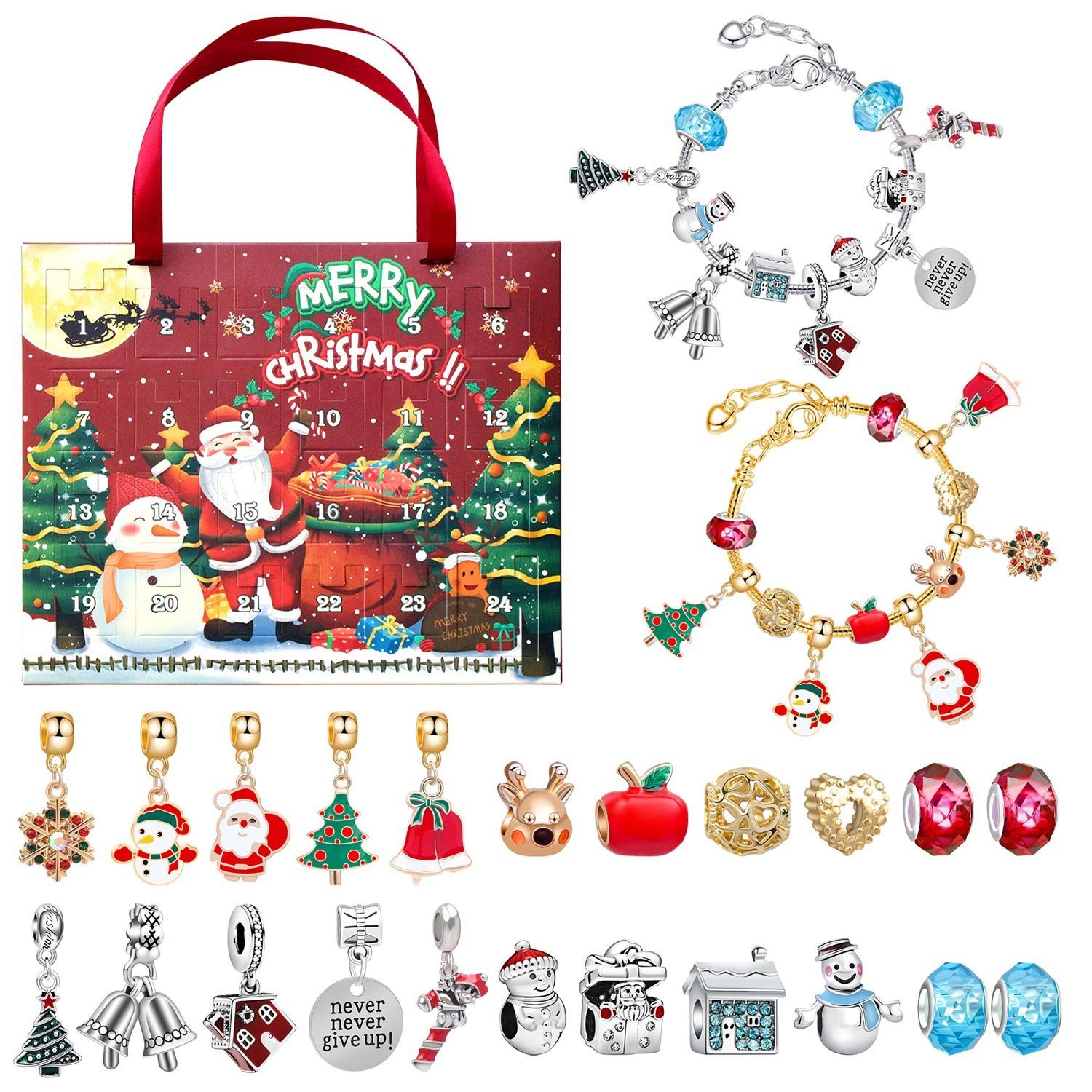 MAGICSHE 24 Rot Armband Adventskalender Anhänger Füllprozess Sets, Weihnachtskalender Armband DIY