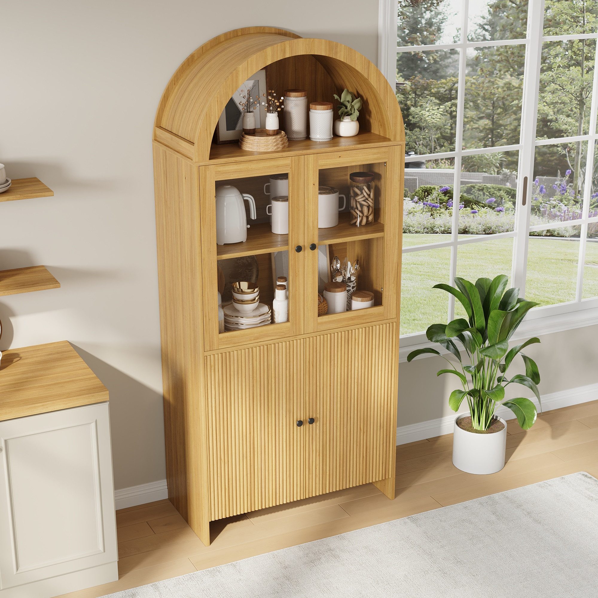 MODFU Vitrine 78x176x40 cm mit Glastüren und Bogendecke (Packung, 1-St., Stilvolles Sideboard für das Wohnzimmer) Geschlossener Schrank mit Wellenmuster