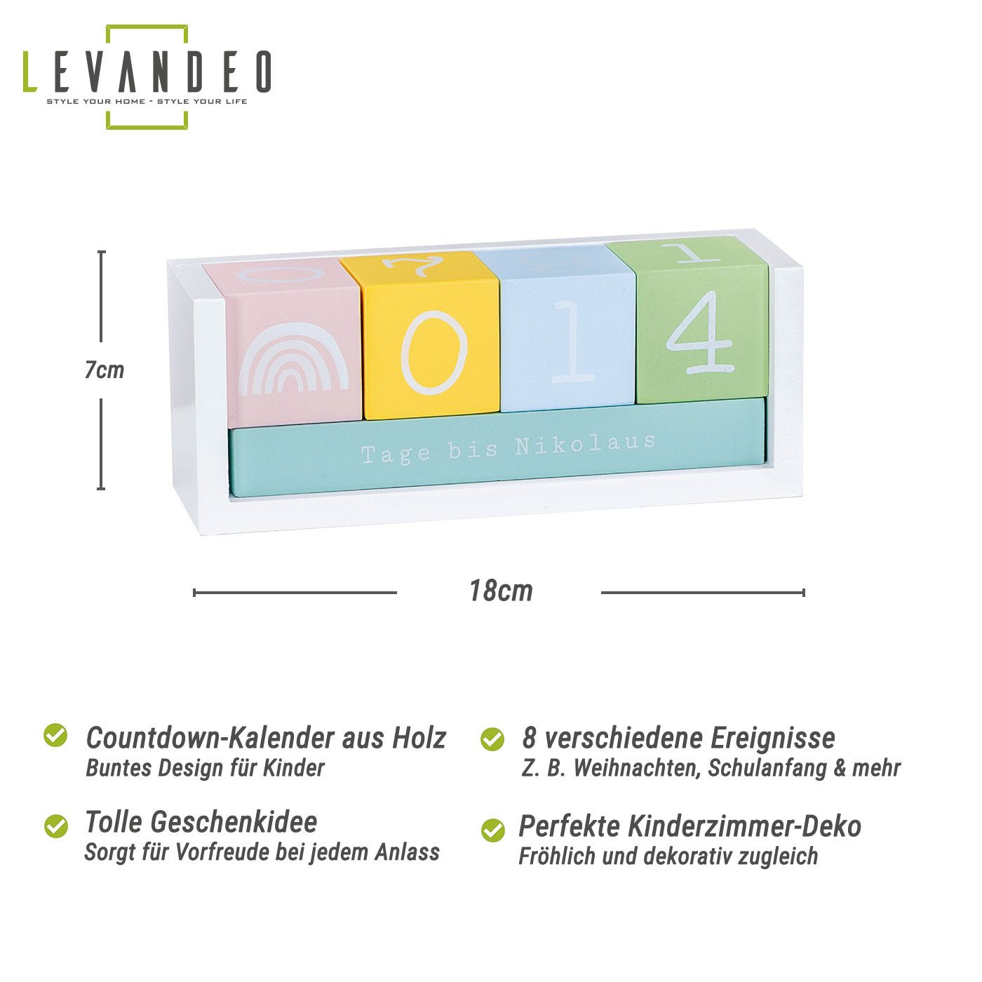 Levandeo® Countdown Kalender, Würfel Countdown Kalender Holz Bunt Weiß Holzkalender Tischkalender