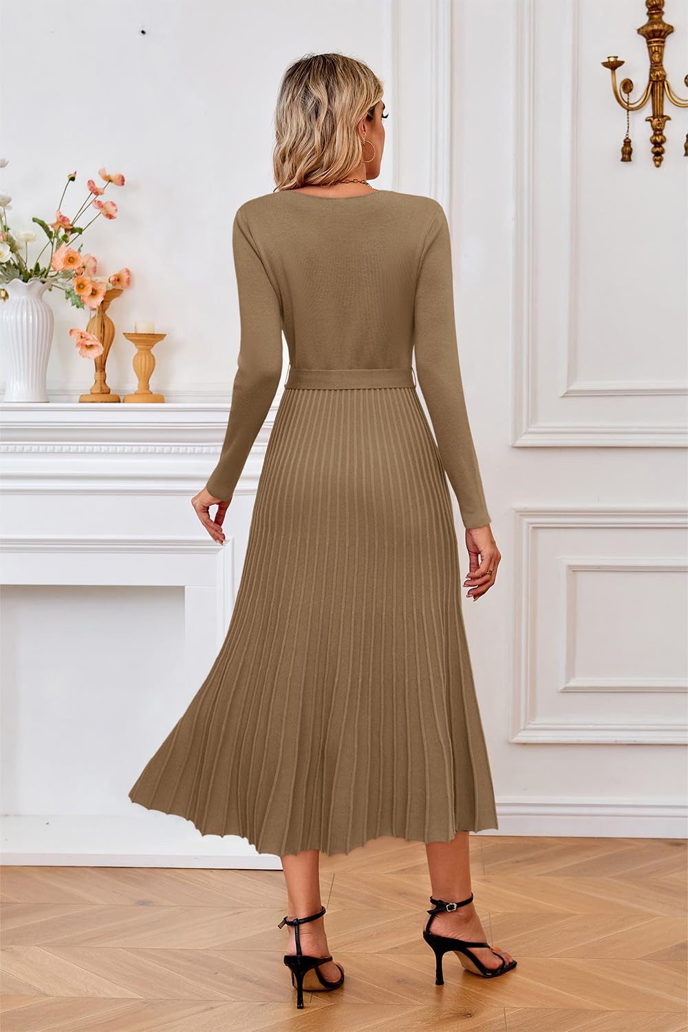 Arach&Cloz Strickkleid Damen Pulloverkleid Herbst Winterkleid Lang Plissee V-Ausschnitt Langarm Elegant Midi Kleider Winter