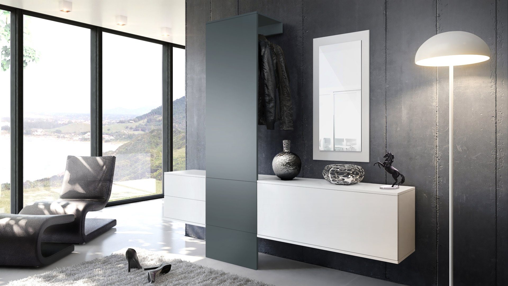 Vladon Garderoben-Set Carlton Set 1, (Wandgarderobe bestehend aus, 1 Paneel, 1 Schubkastenschrank, 1 Schrankmodul und 1 Spiegel), Weiß matt/Graphit seidenmatt (208 x 193 x 35 cm)