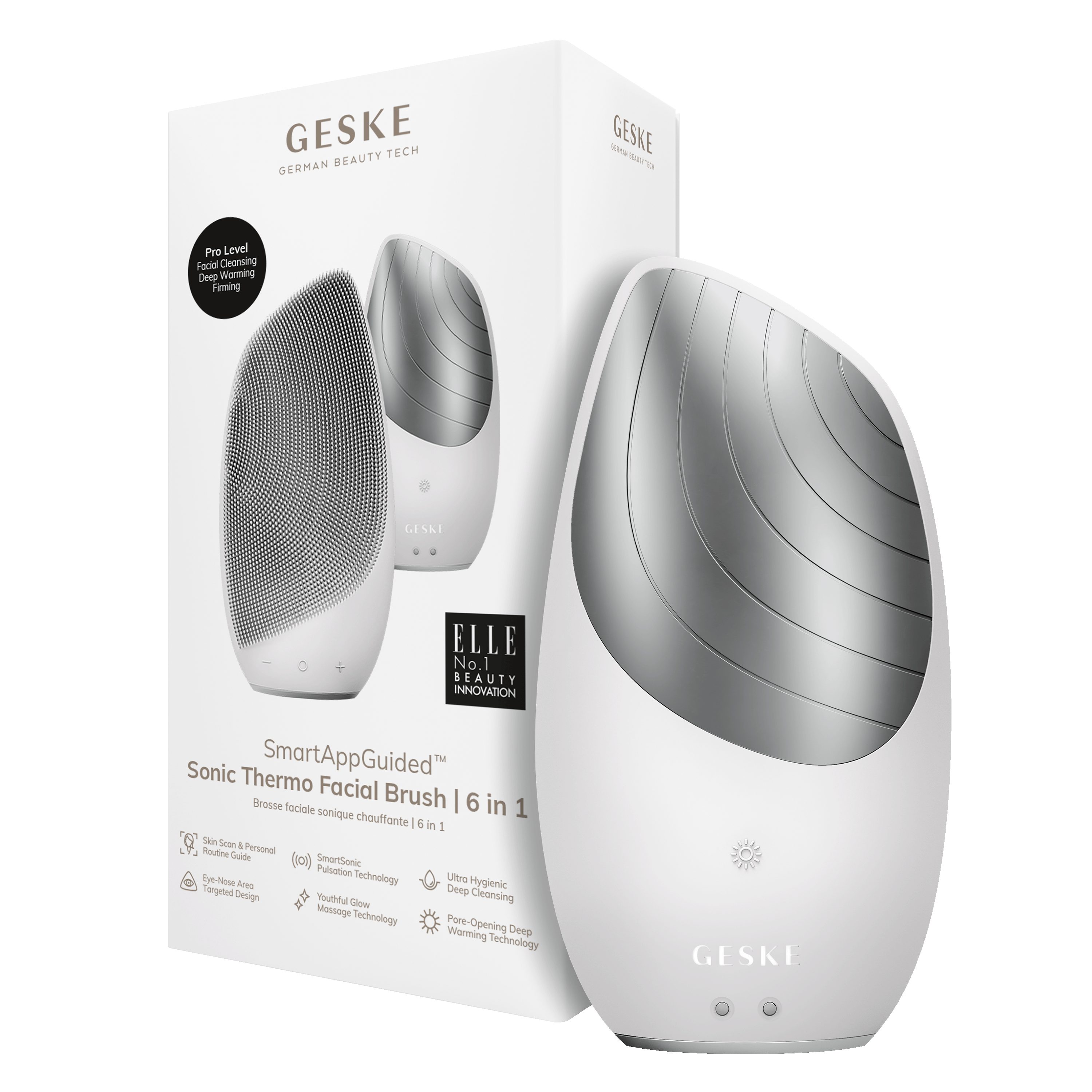 GESKE German Beauty Tech Elektrische Gesichtsreinigungsbürste SmartAppGuided™ Sonic Thermo Facial Brush 6 in 1, Packung (Gerät & USB-Ladekabel), 2-tlg., Gerät inkl. kostenloser APP (SmartAppGuided Device), Anti-Aging Massage-, SmartSonic Pulsation- & Tiefen-Wärme-Technologie White