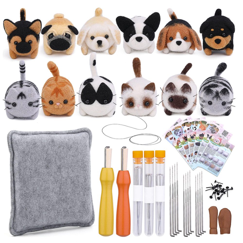 CLTYQ Filznadeln Filzwolle Starter-Set – 12-teiliges Set für Katzen,DIY Starterset, Komplettes Set,zum Nadelfilzen, inklusive Filzwolle, Filzmatte
