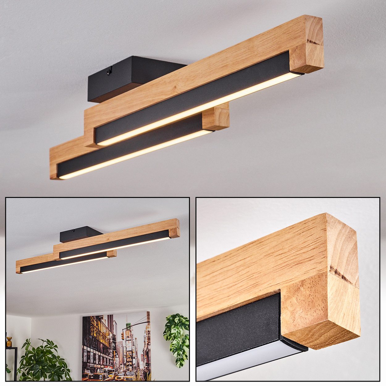 hofstein Deckenleuchte Deckenlampe aus Metall/Holz/Kunststoff in Schwarz/Na günstig online kaufen