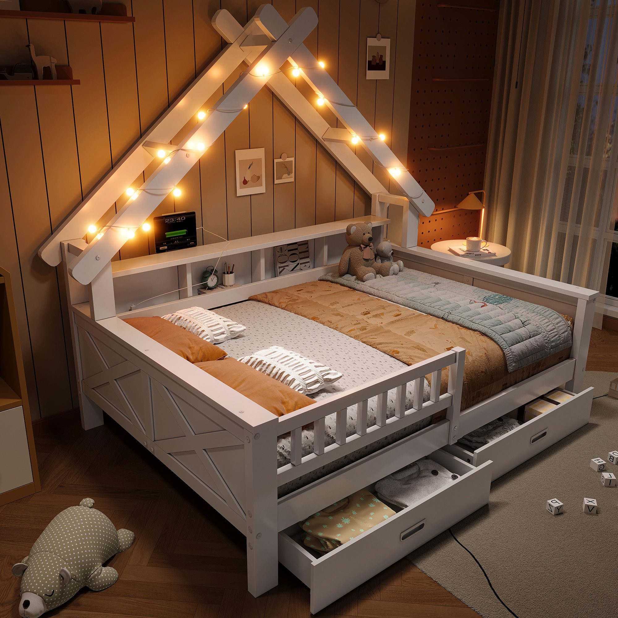 Merax Hausbett in Hausform mit LED-Beleuchtung (1-tlg., Massivholz Jugendbett Einzelbett), Kinderbett 140x200cm mit Schubladen Staufächern Schutzgitter Stauraum