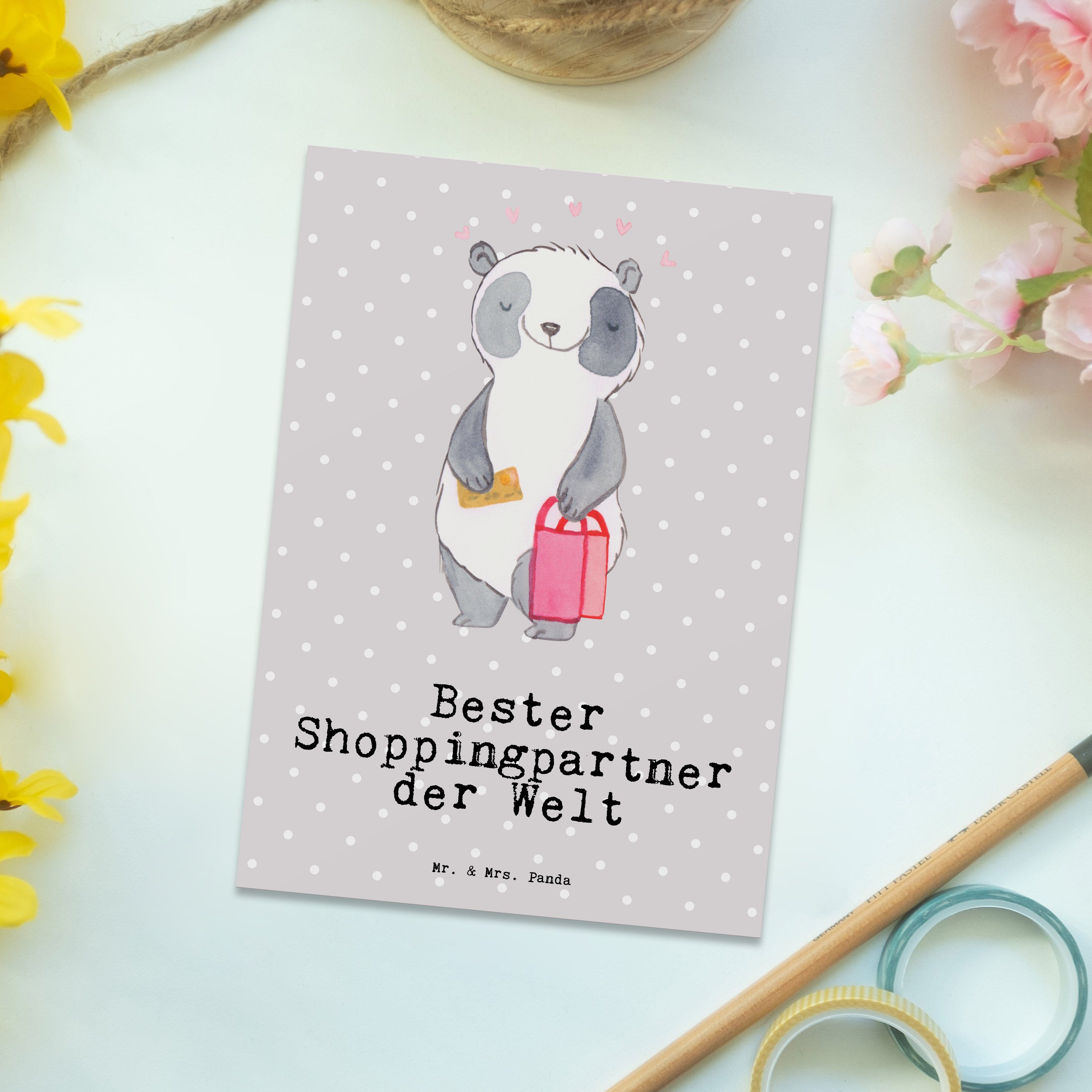 Mr. Pastell Mrs. Welt & Bester Geschenk, Grau - Panda Postkarte - Panda Shoppingpartner der Ansi