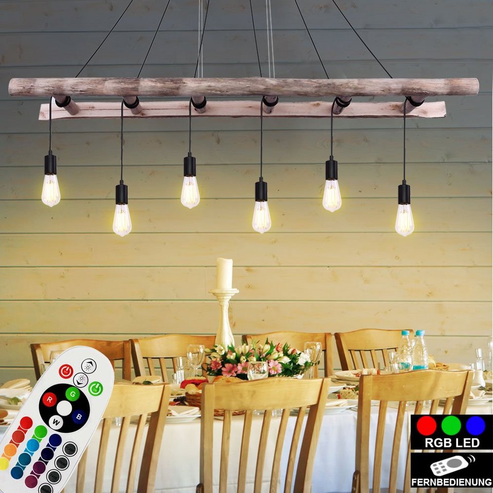 RGB LED Hänge Decken Leuchte DIMMER Fernbedienung Retro Holz Balken Pendel Lampe 