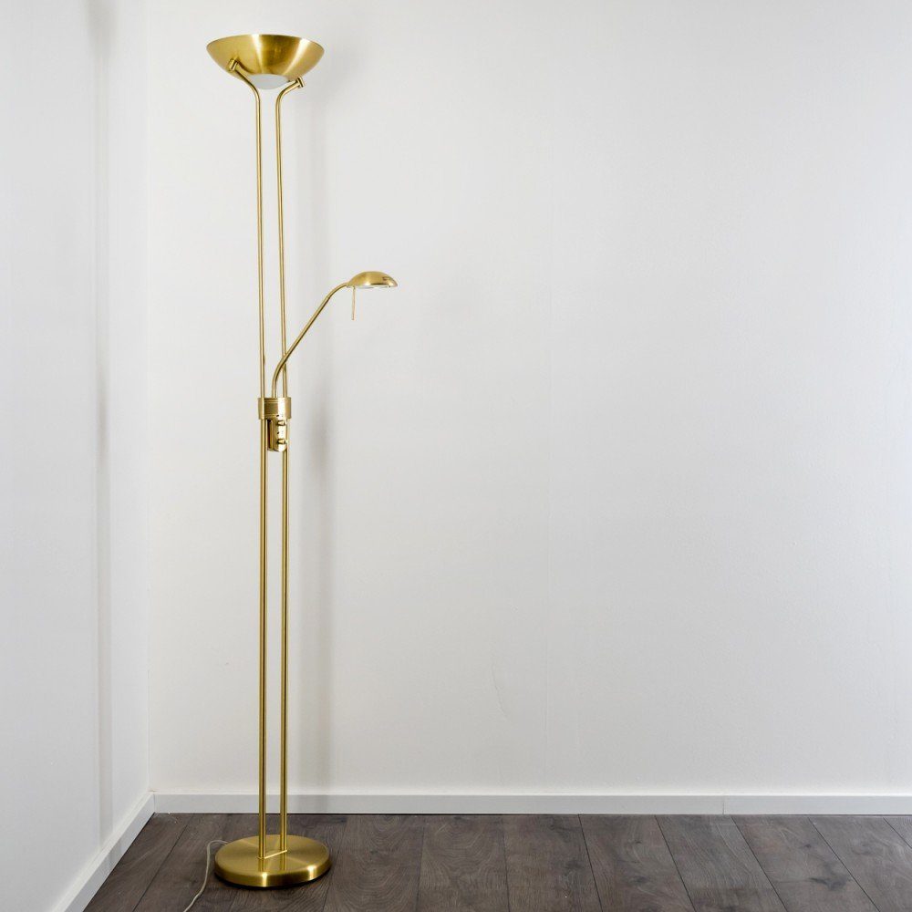 hofstein Deckenfluter »Roppa« Stehleuchte aus Metall in Messing, Drehdimmer am Gehäuse, 3000 Kelvin, 1x18 Watt, 1600 Lumen, 1x5 Watt, 480 Lumen, mit verstellbarem Lesearm