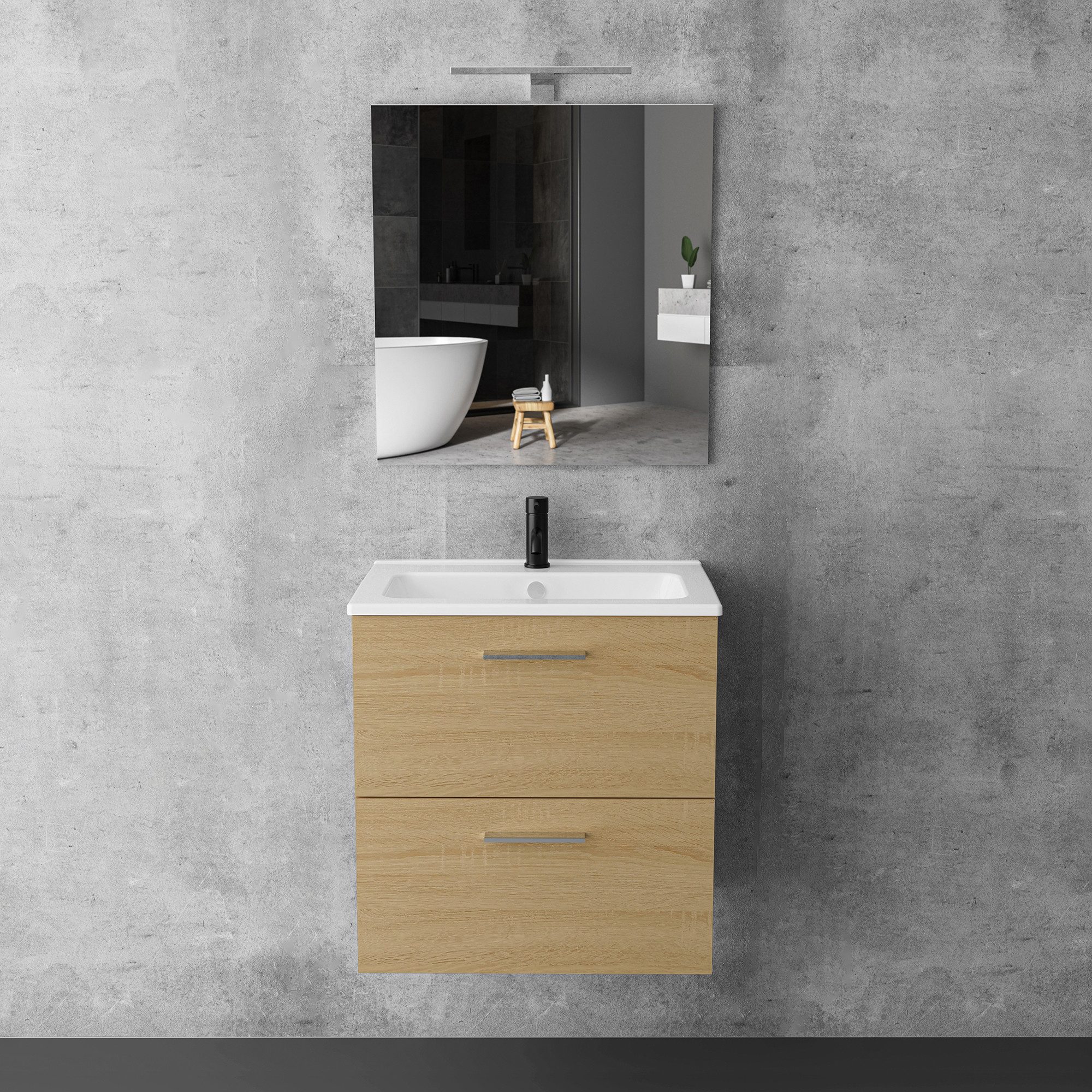 Vitra Badmöbel-Set mit Waschbecken und LED Badspiegel – Waschtisch mit Unterschrank, (Waschbeckenunterschrank Hängend, Waschbecken mit Unterschrank 60 cm Breit), Badezimmerschrank mit Spiegel mit Beleuchtung