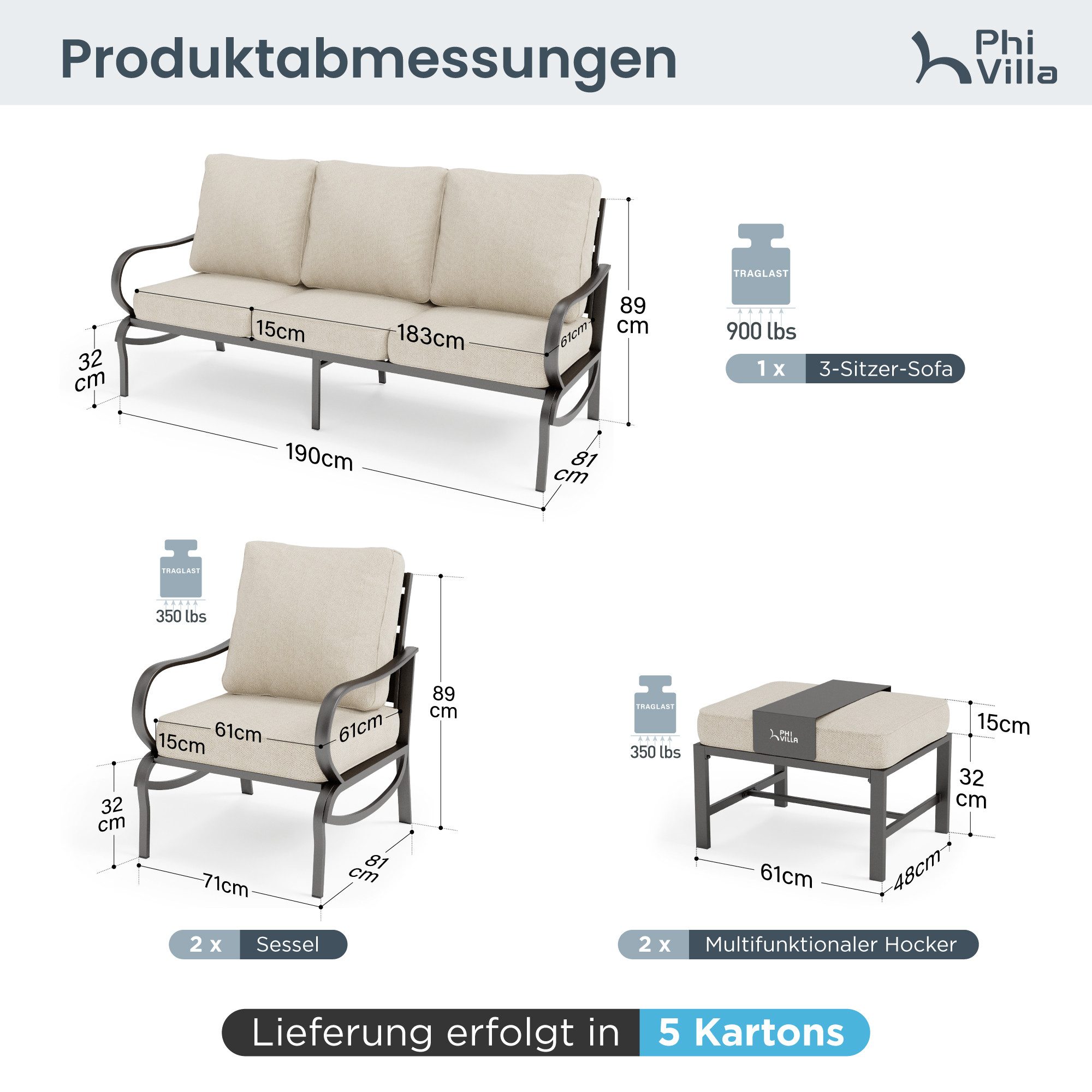 PHI VILLA Gartenlounge-Set, (Balkonmöbel Outdoor Ecksofa, Gartenmöbelsets 7-Sitzer, 5-teiliges Metall Lounge Möbel Outdoor), E-Beschichtung Geschmiedeter Rahmen & Dicke Kissen, Beige