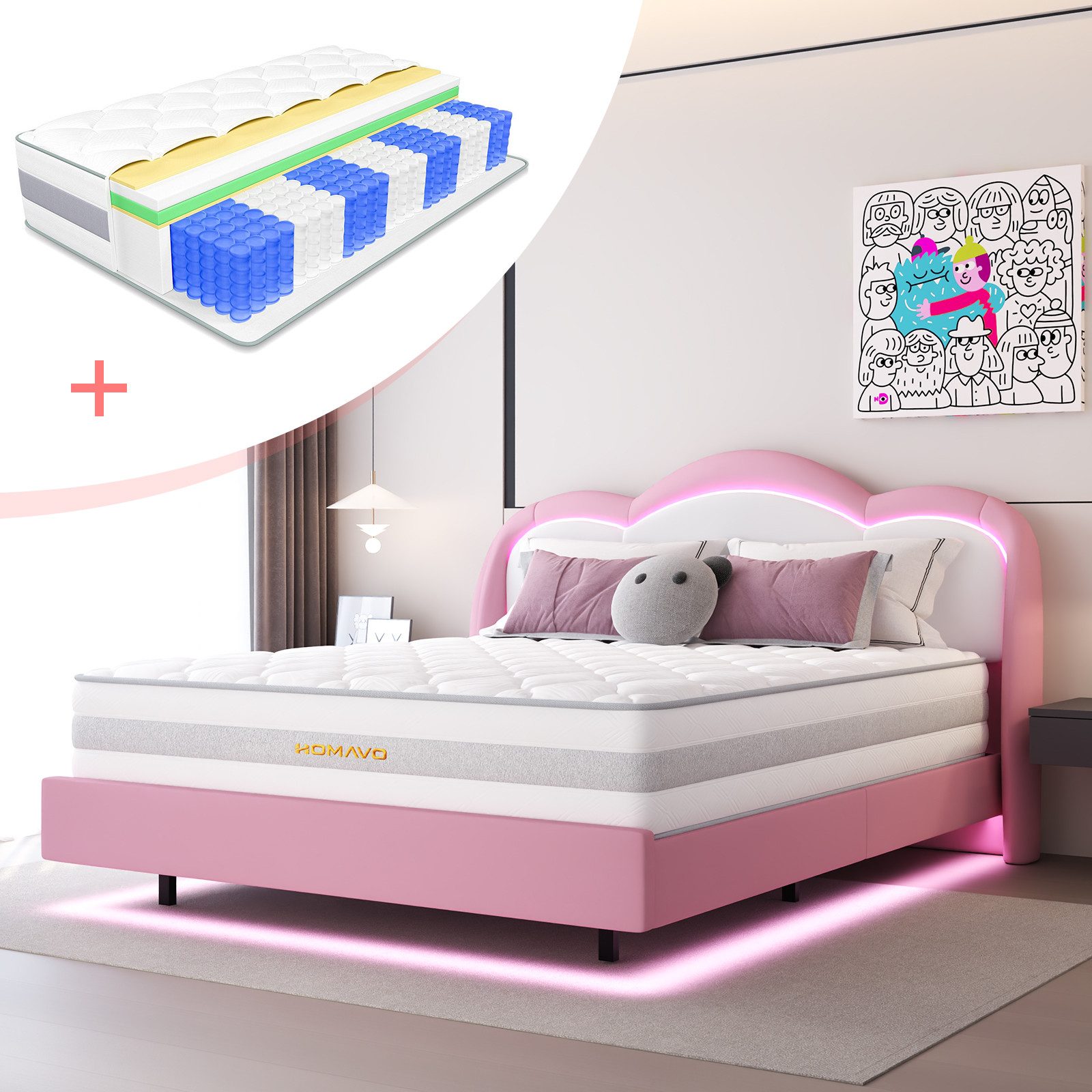 HOMAVO Boxbett Polsterbett inkl. Taschenfederkernmatratze mit integriertem Topper (140 × 200 cm Spar-Set, FSC® Polsterbett mit LED & 25 cm 7-Zonen-Matratze), Orthopädisch für Kinder, Jugendliche & Erwachsene