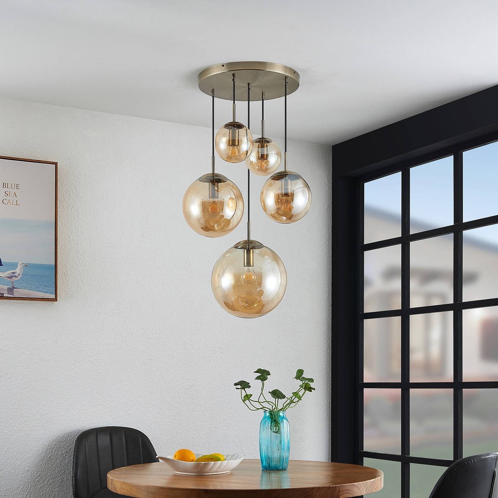 Lindby Hängeleuchte Teeja, Glas Creme IP20, 5 x 15 W LED