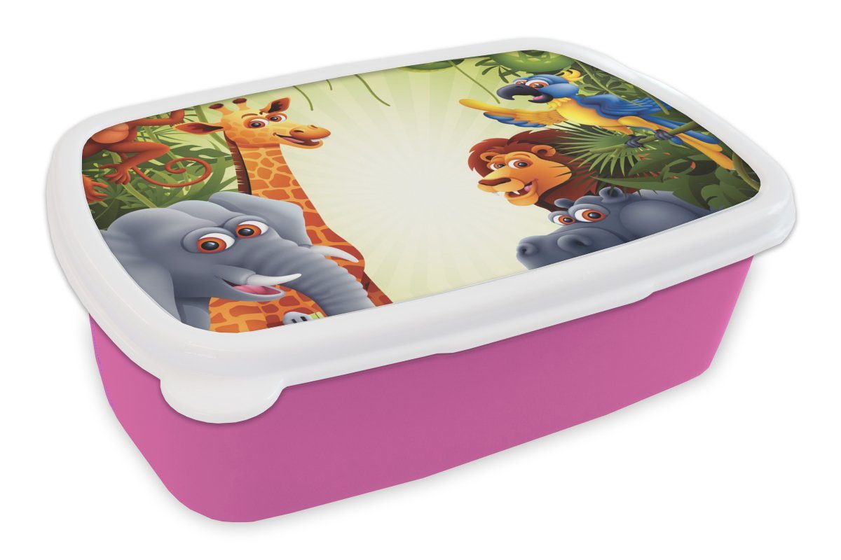 MuchoWow Lunchbox Dschungel - Jungen - Mädchen - Baby - Elefant - Löwe - Giraffe, Kunststoff, (2-tlg), Brotbox für Erwachsene, Brotdose Kinder, Snackbox, Mädchen, Kunststoff rosa