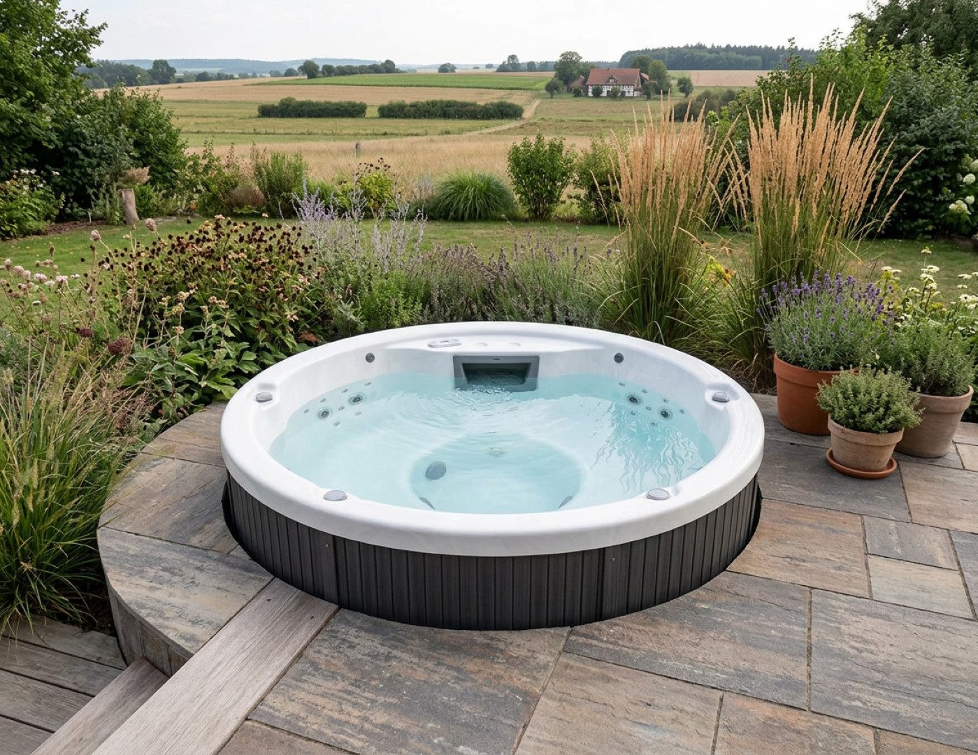 SPA Kompagniet Whirlpool Scandinavic Wood Art "Helgoland" XXL Outdoor Whirlpool 8P rund 215×215, Runde Bauform mit 35 Massagedüsen und LED-Therapielicht
