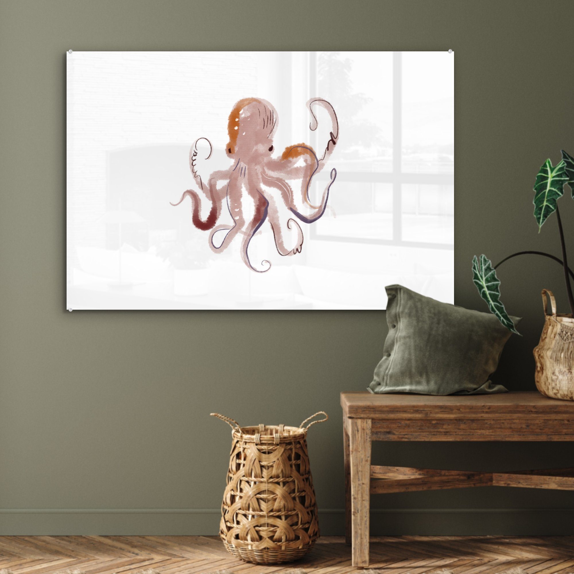 Oktopus Wohnzimmer Meerestiere - Weiß - Acrylglasbild & - St), MuchoWow Schlafzimmer Acrylglasbilder (1 Aquarell,