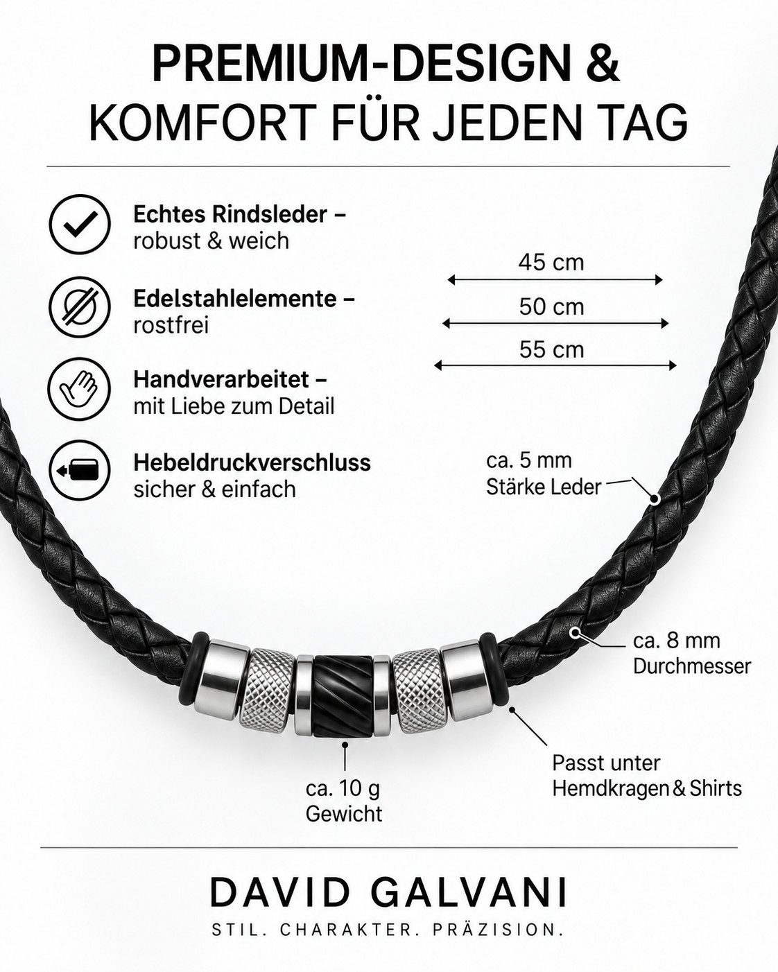 David Galvani Kette mit Anhänger Herren Halskette Lederkette Silber, Edelstahl 316L – Bild 3 von 5
