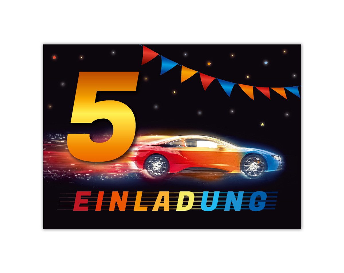 JUNAPACK Einladungskarten Auto zum 5. Kindergeburtstag Jungen Einladungen Rennauto Karte, Einladungskarten mit einem Auto Motiv zum 5. Geburtstag