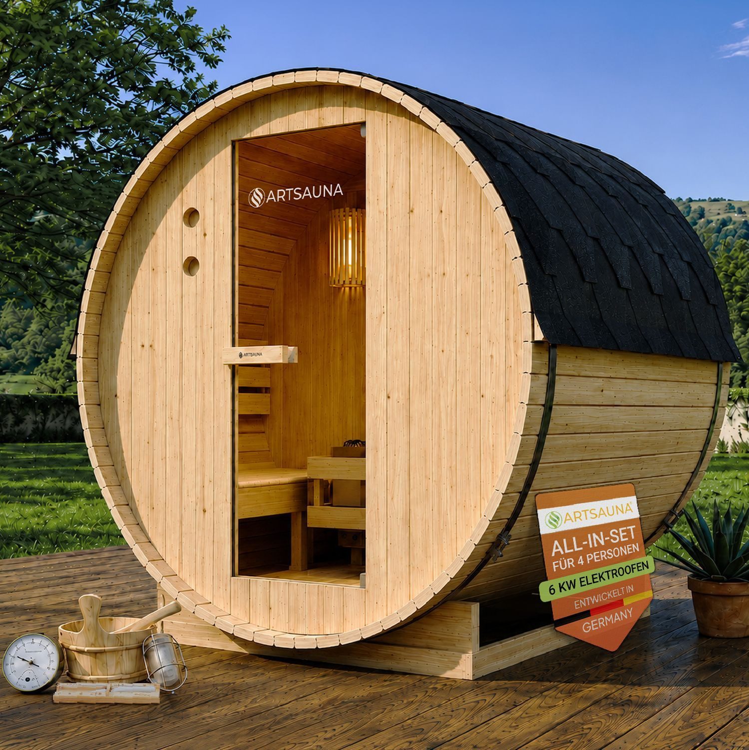 Artsauna Fasssauna Spitzbergen 180 für 4 Personen aus Fichte mit 6 kW Saunaofen & Glastür, BxTxH: 191 x 180 x 193 cm, Saunafass für den …