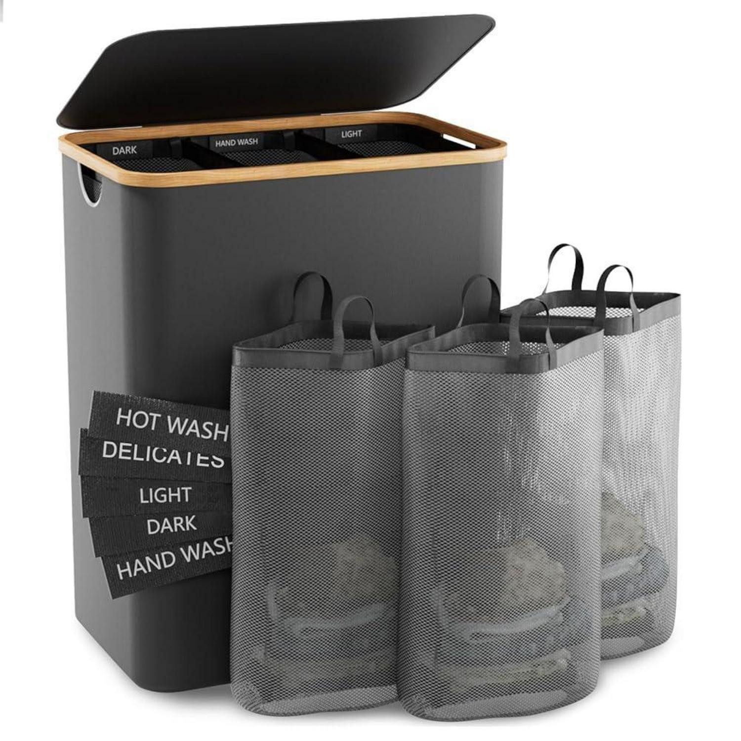 LuxusKollektion Wäschekorb Wäschekorb Deckel 160L 3 Fächer Wäschesäcke 160L Dunkelgrau